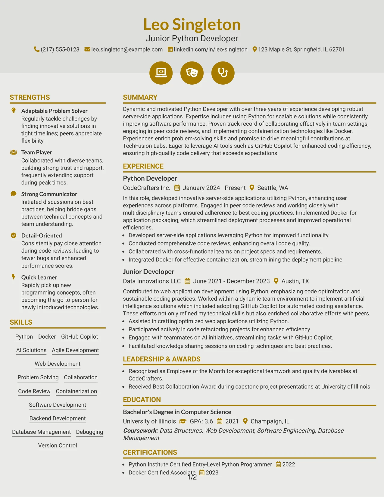 Resume Example Page 1