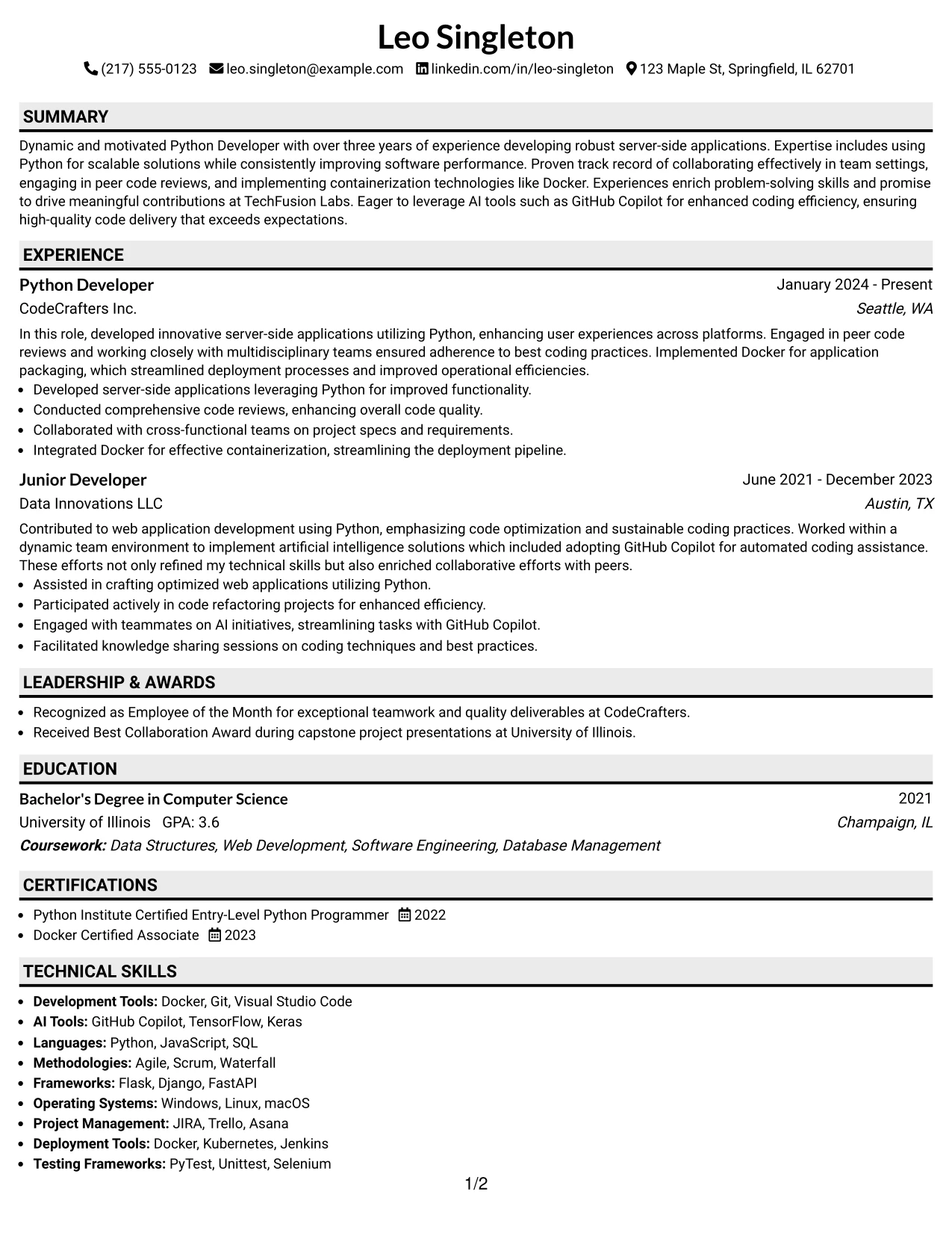 Resume Example Page 1