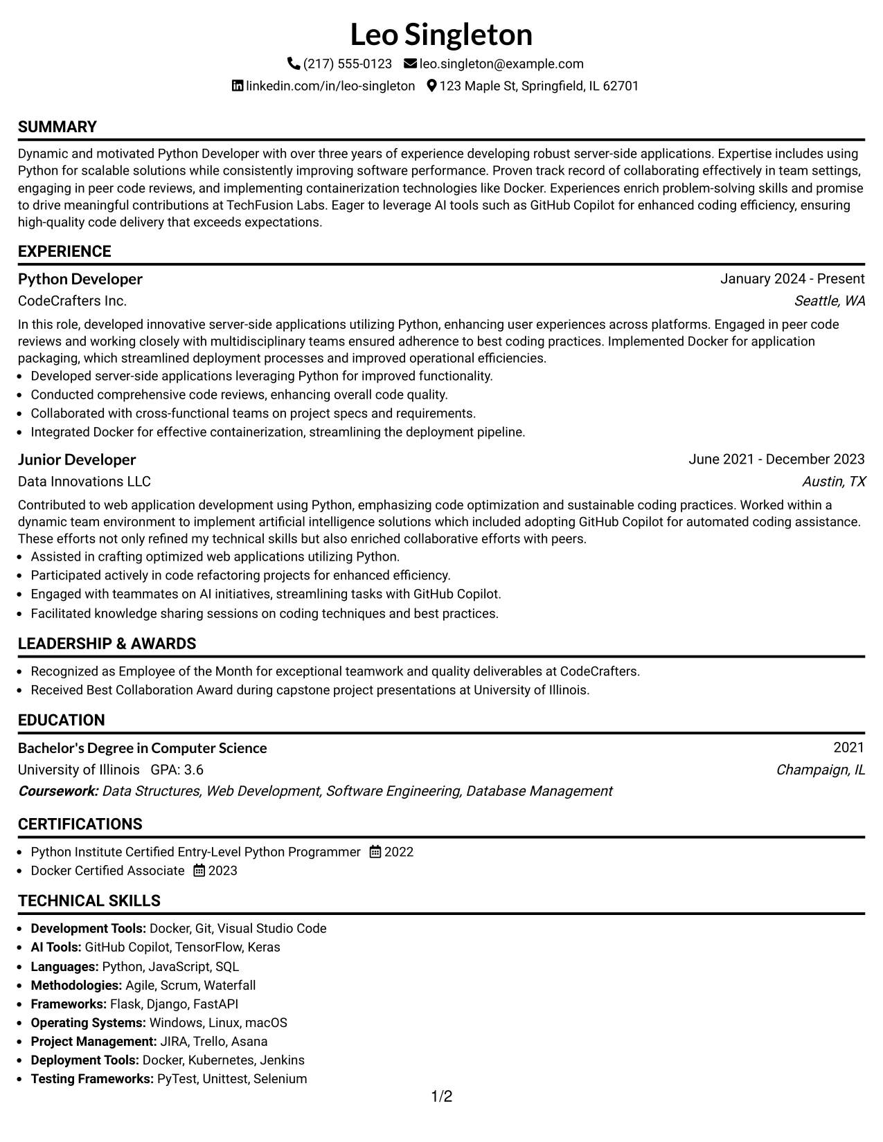 Resume Example Page 1