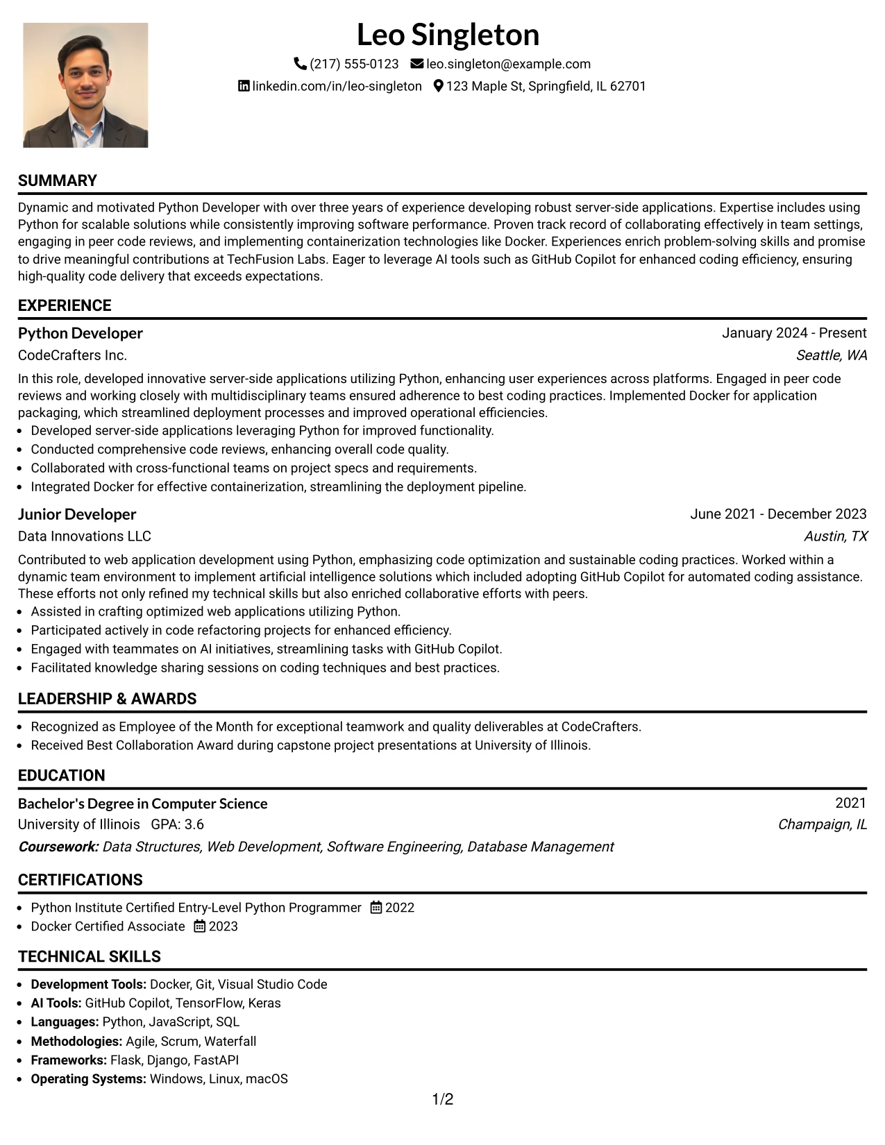 Resume Example Page 1
