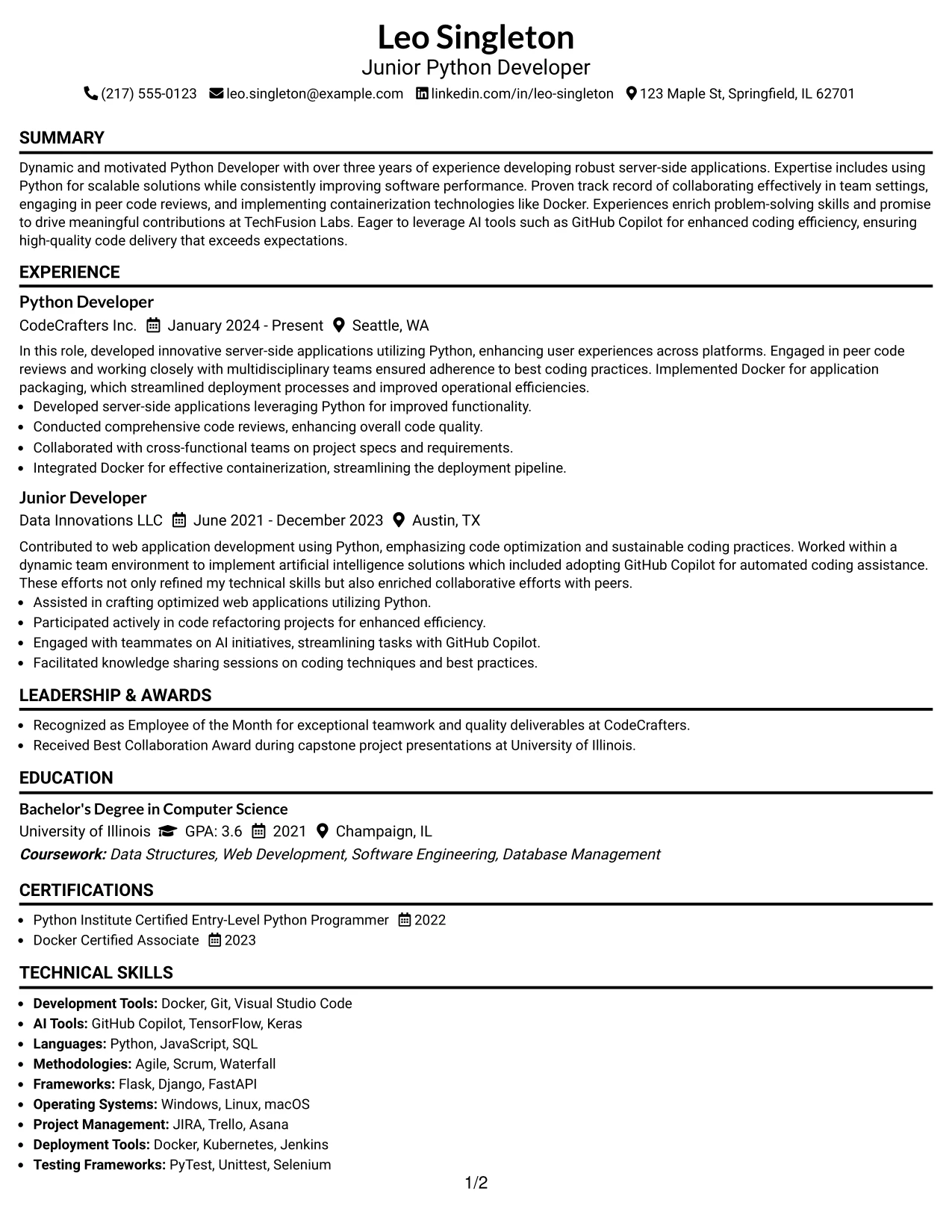 Resume Example Page 1