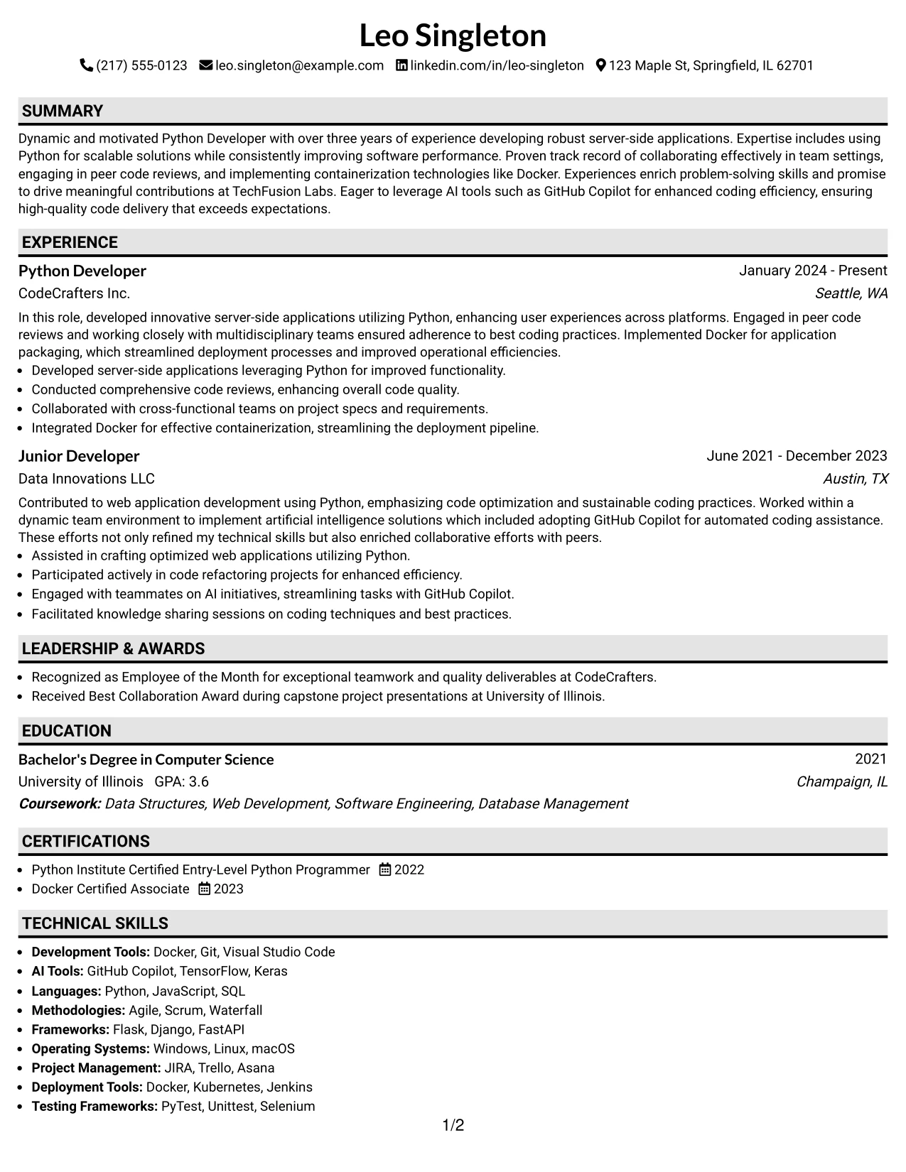 Resume Example Page 1