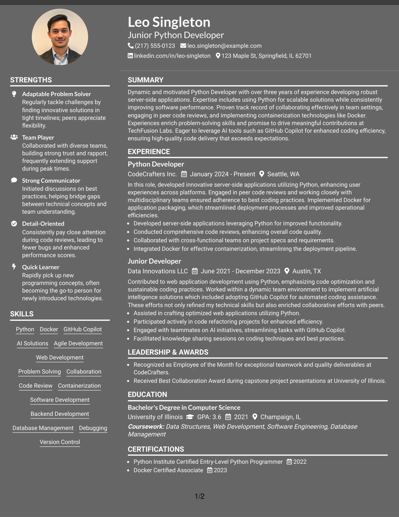 Resume Example Page 1