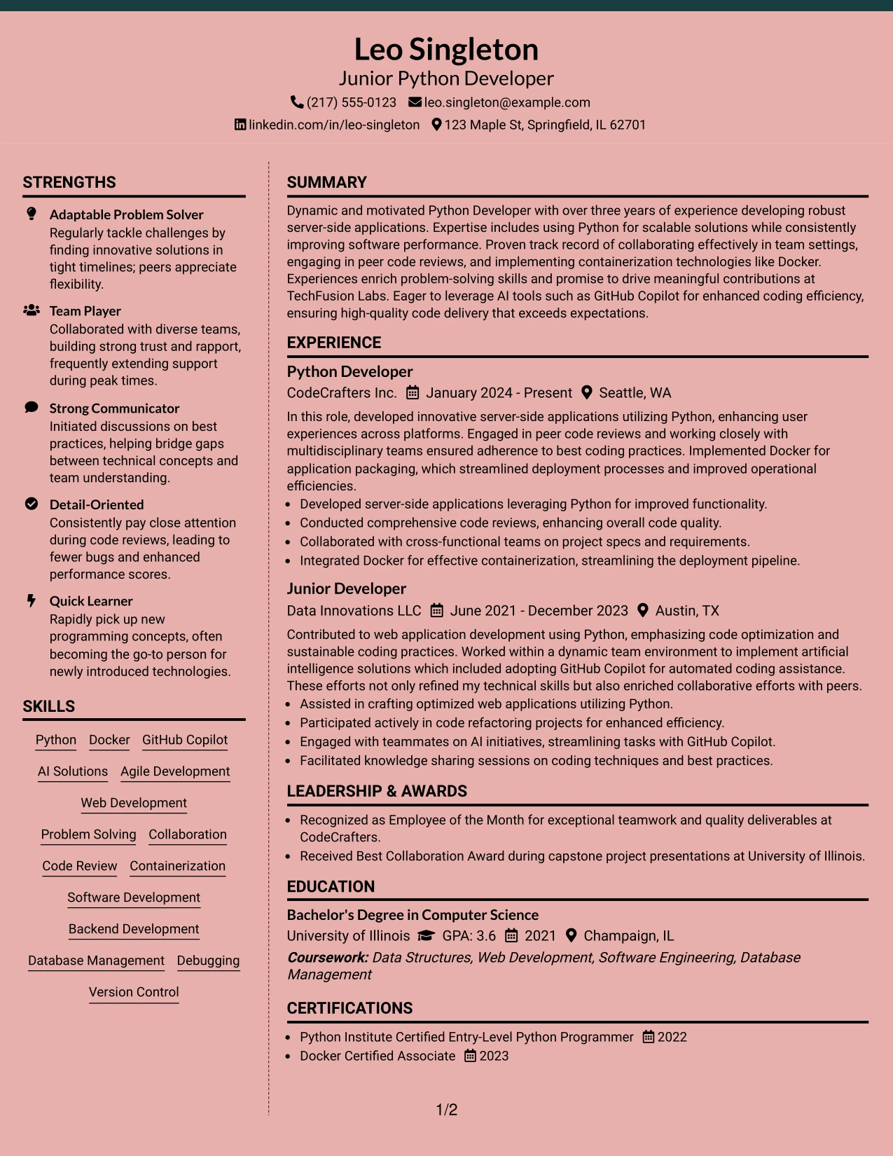 Resume Example Page 1