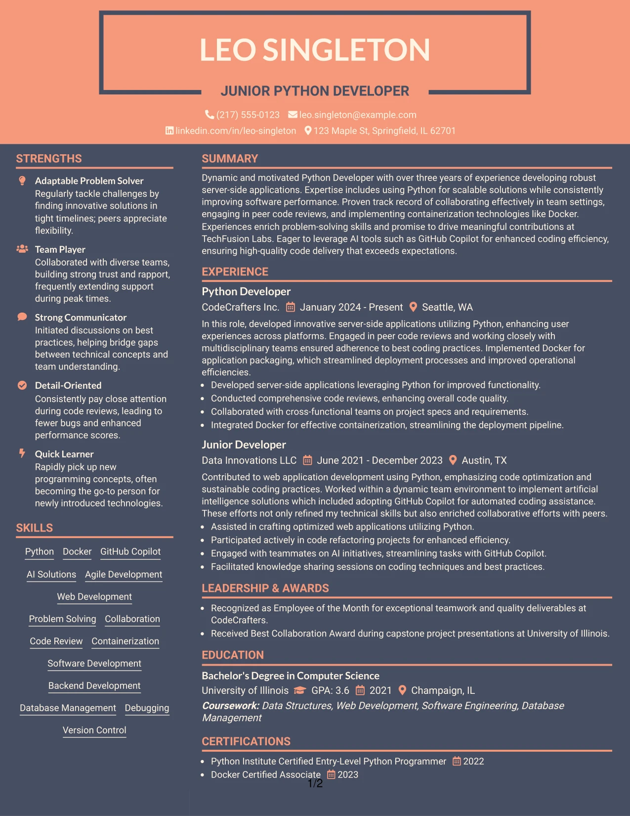 Resume Example Page 1
