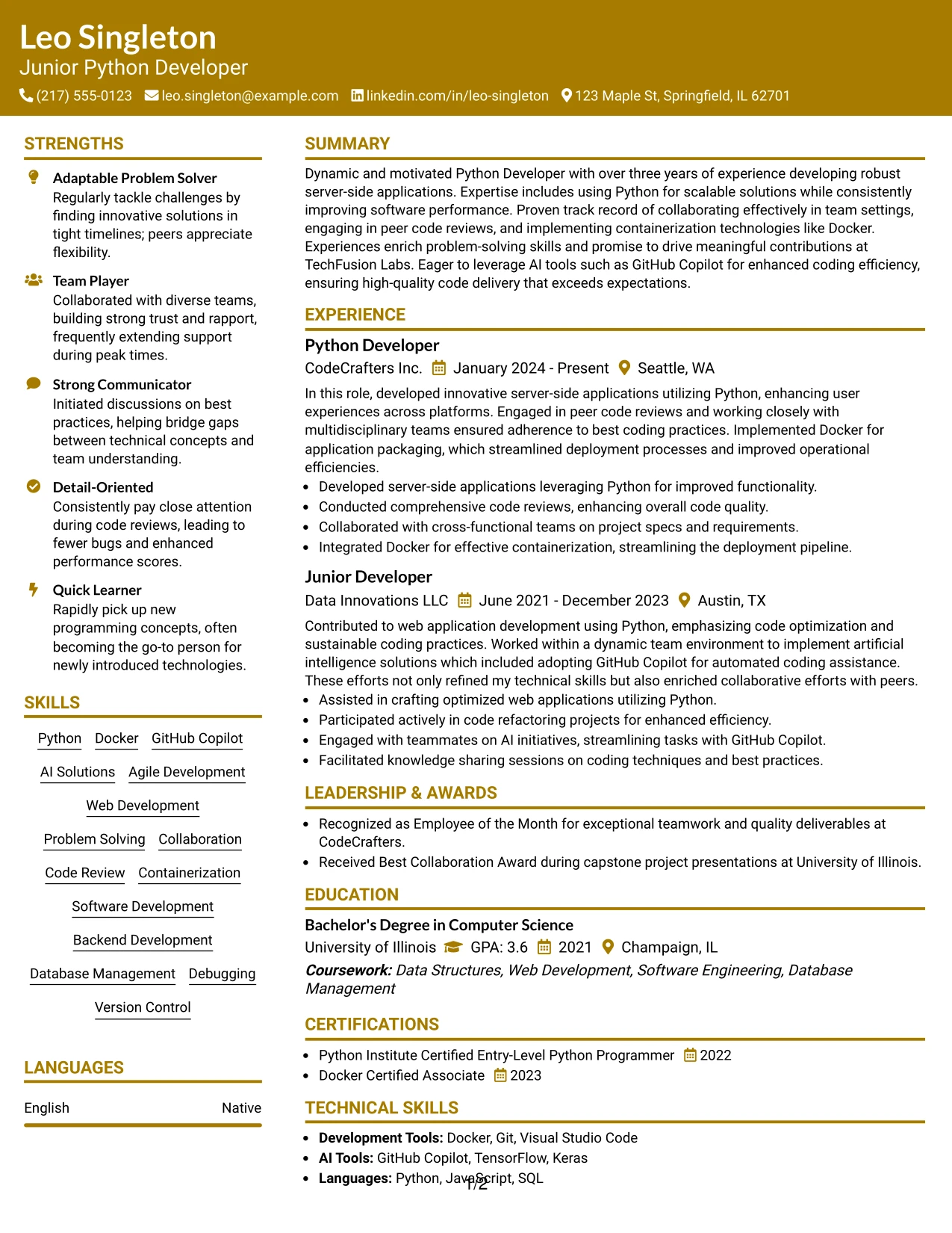 Resume Example Page 1