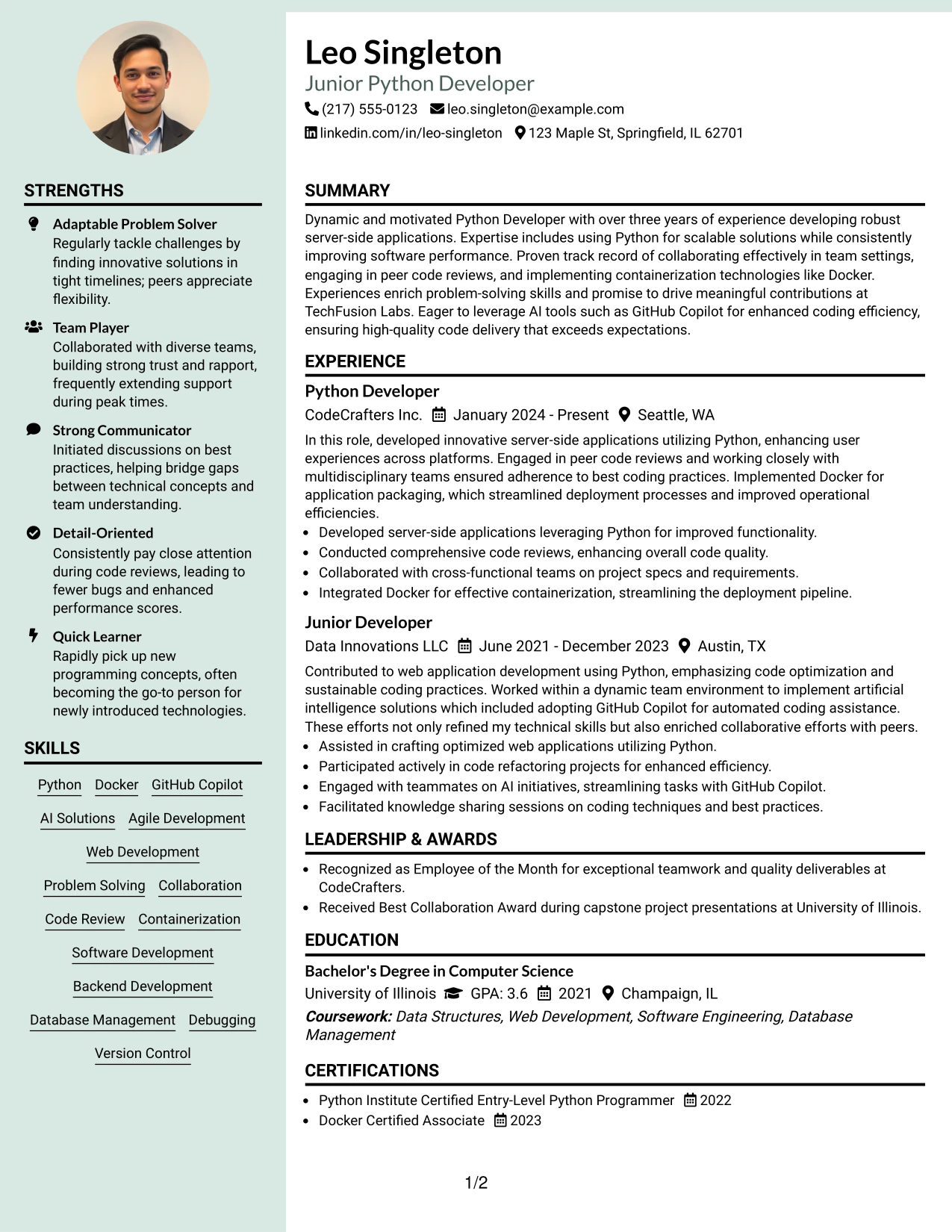 Resume Example Page 1