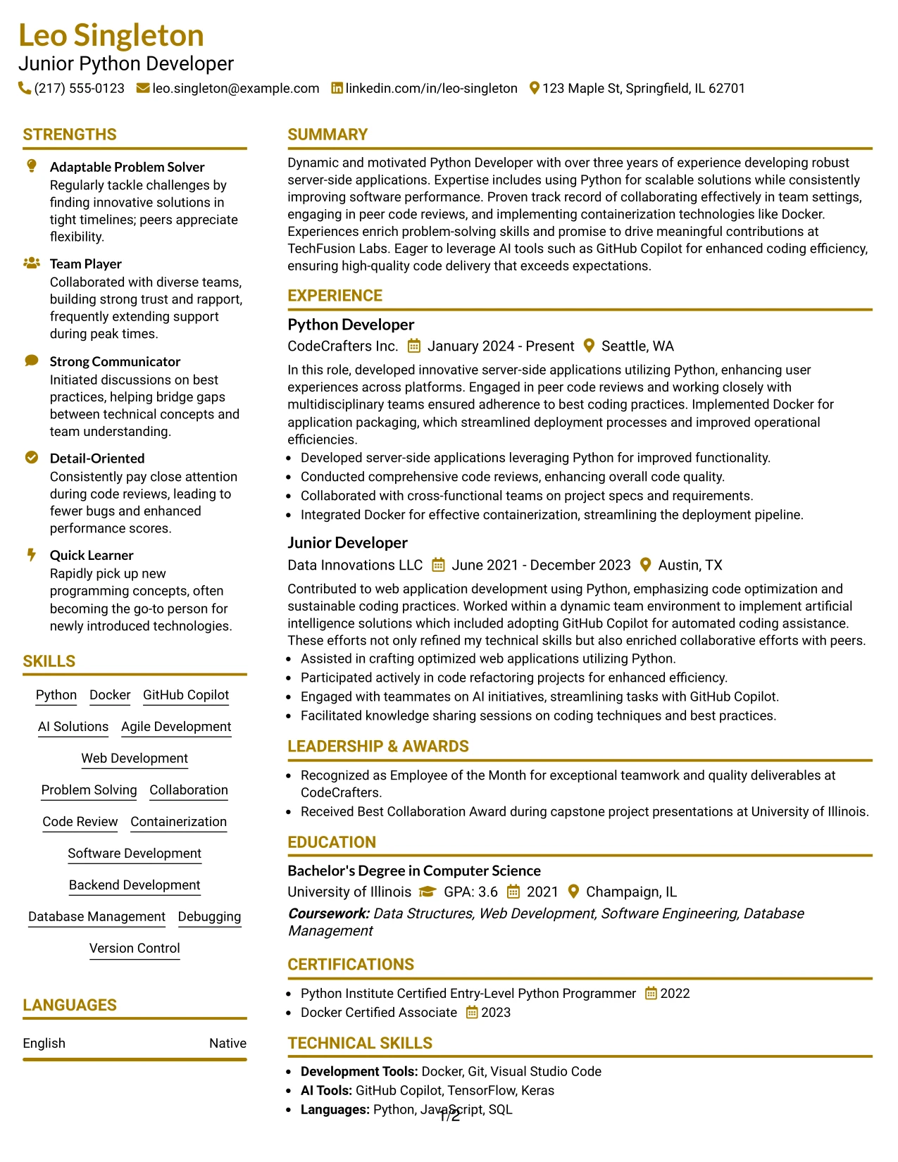 Resume Example Page 1