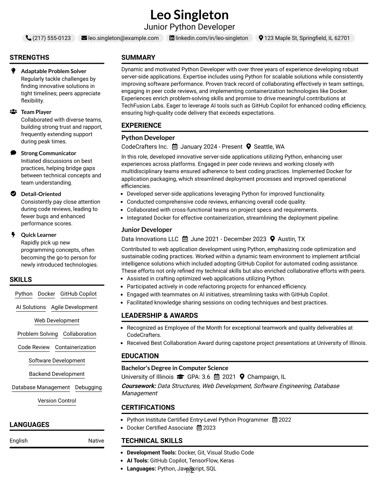 Resume Example Page 1