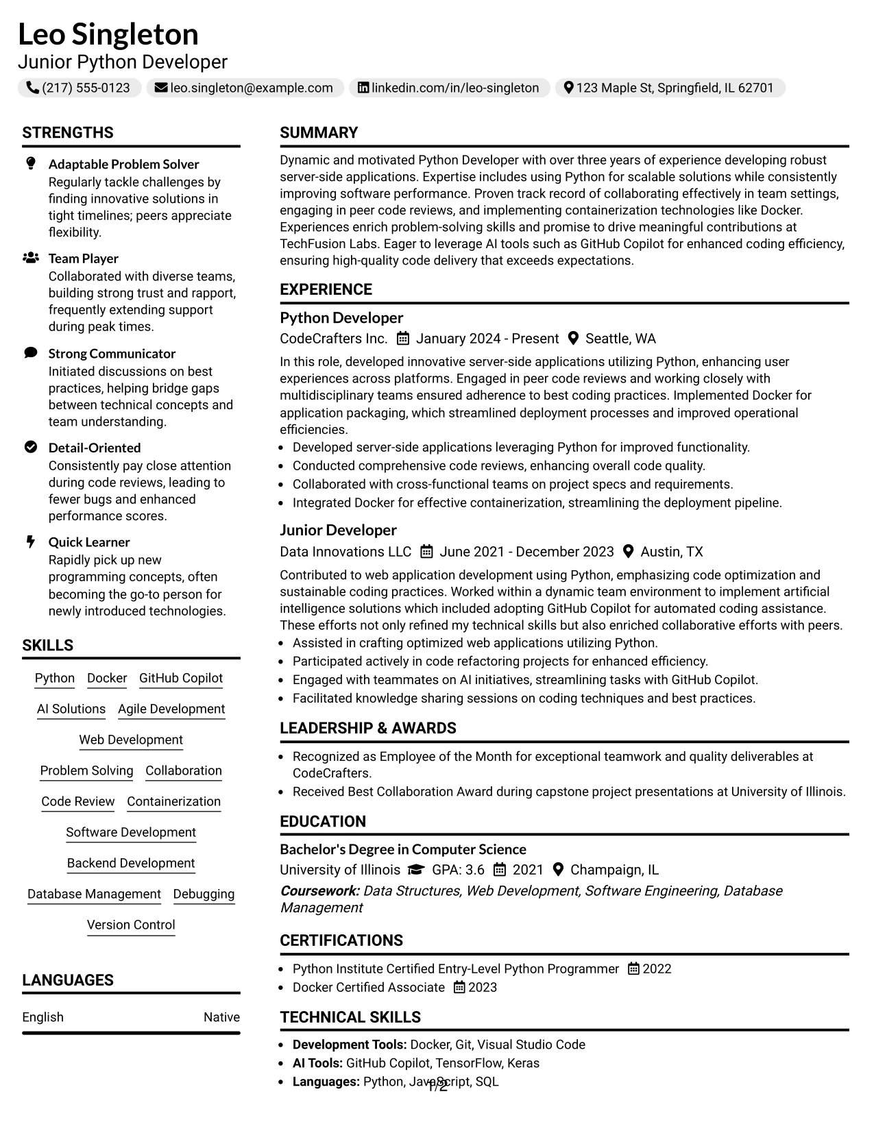 Resume Example Page 1
