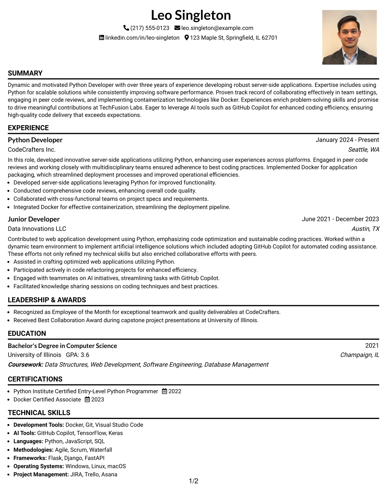 Resume Example Page 1