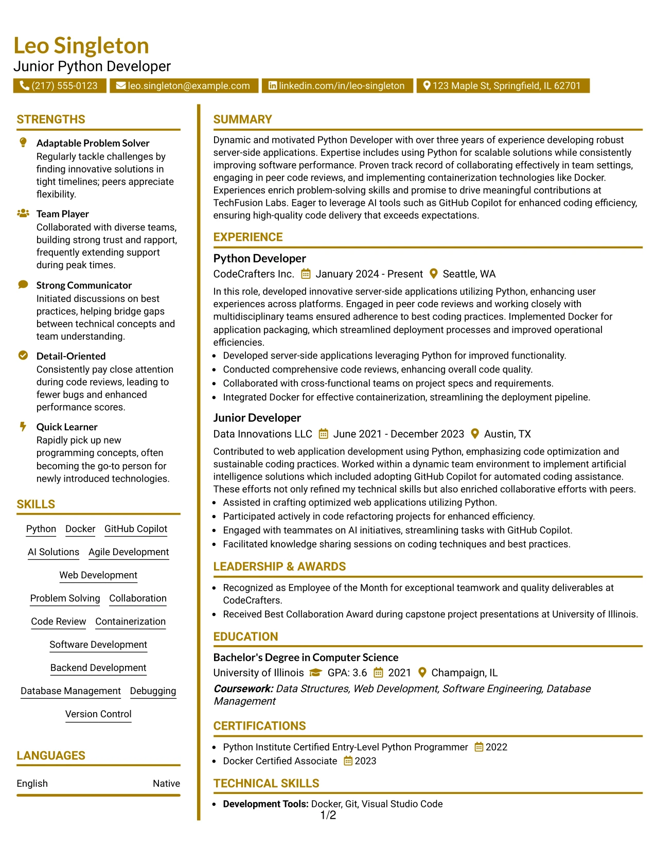 Resume Example Page 1