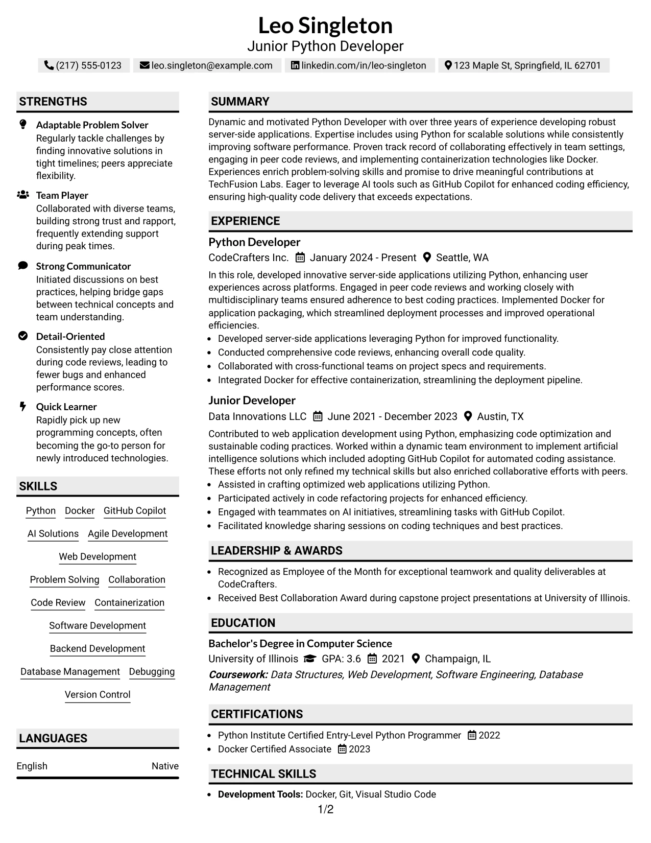 Resume Example Page 1