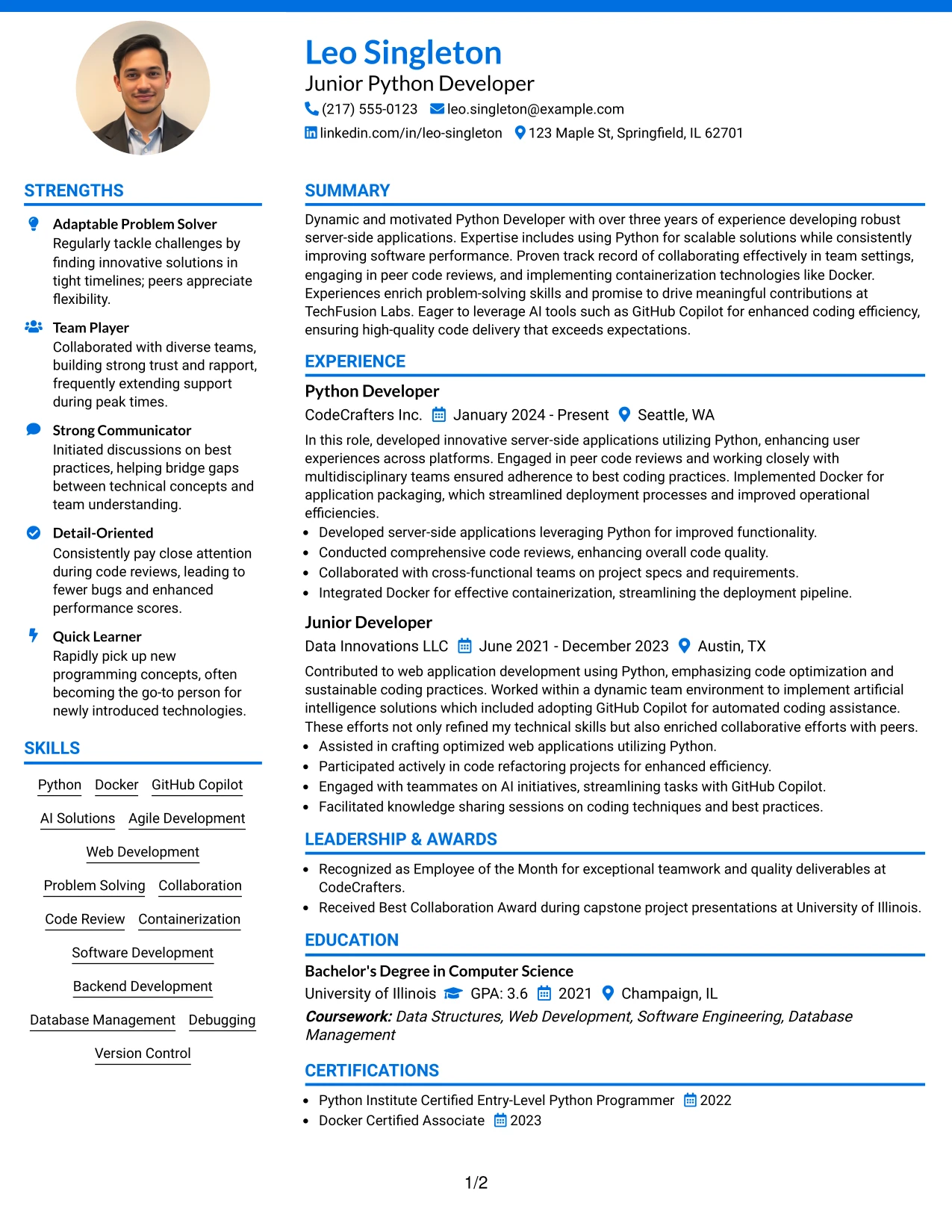 Resume Example Page 1