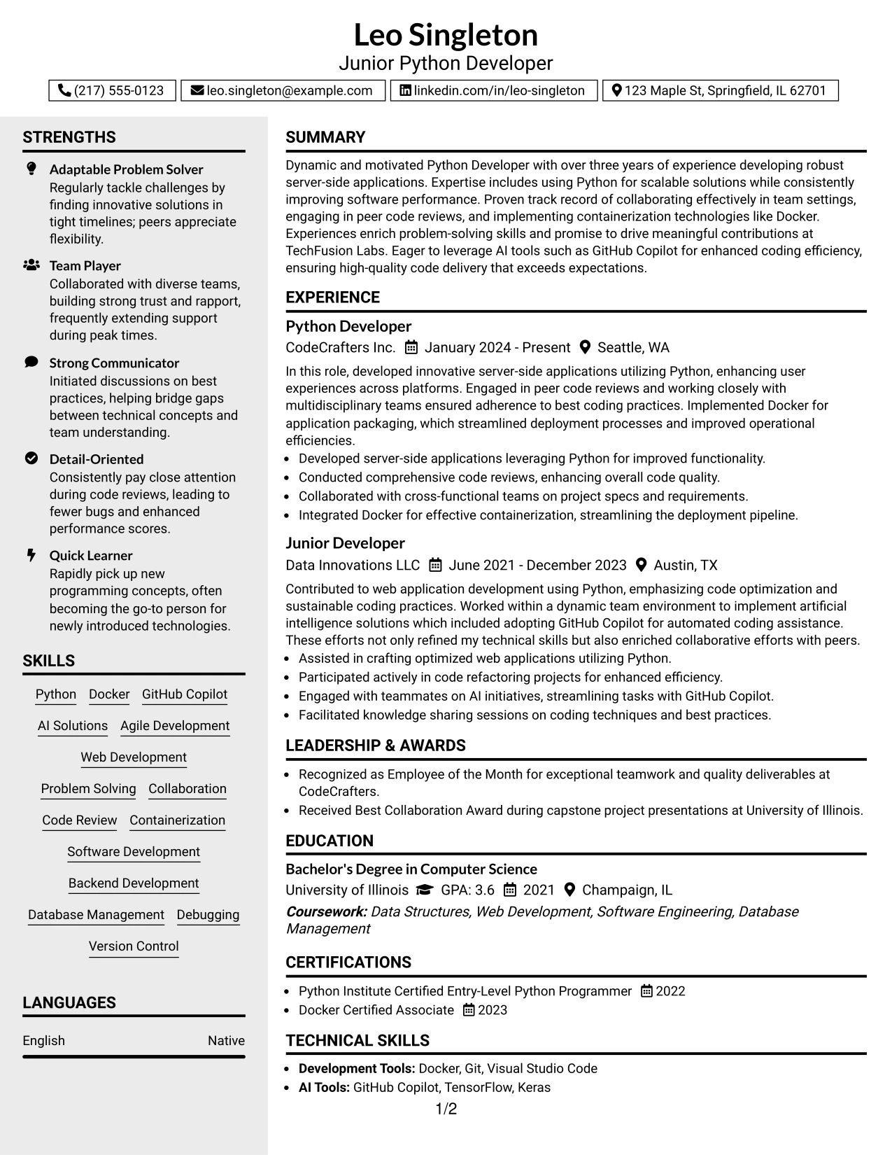 Resume Example Page 1