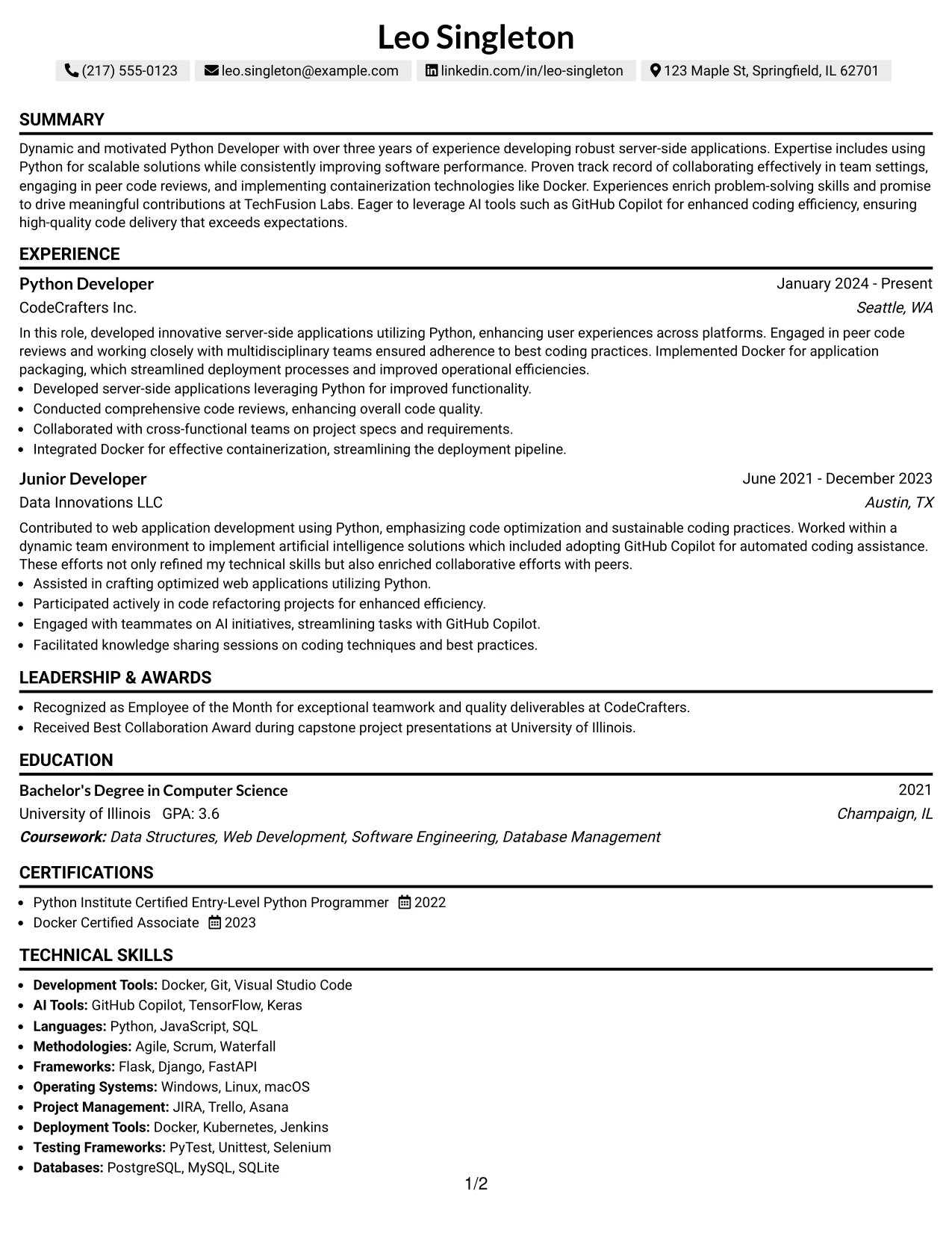 Resume Example Page 1