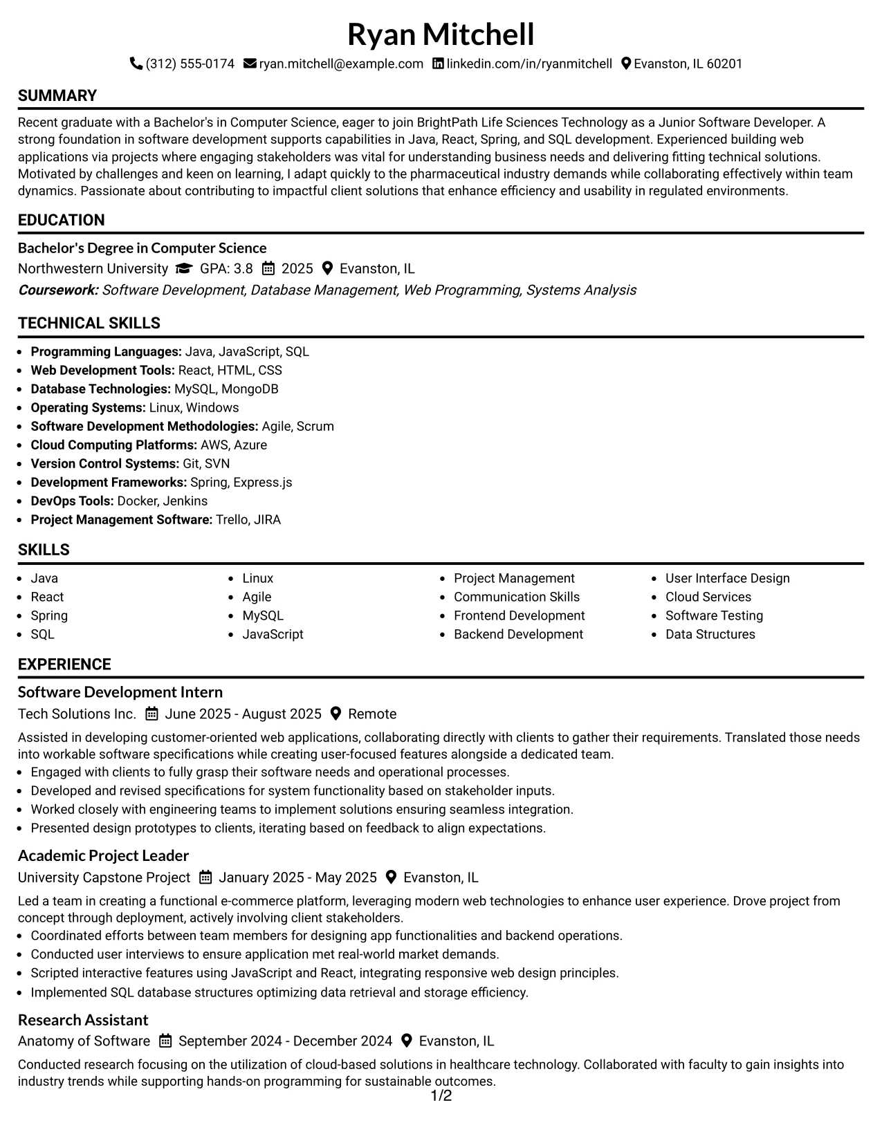 Resume Example Page 1