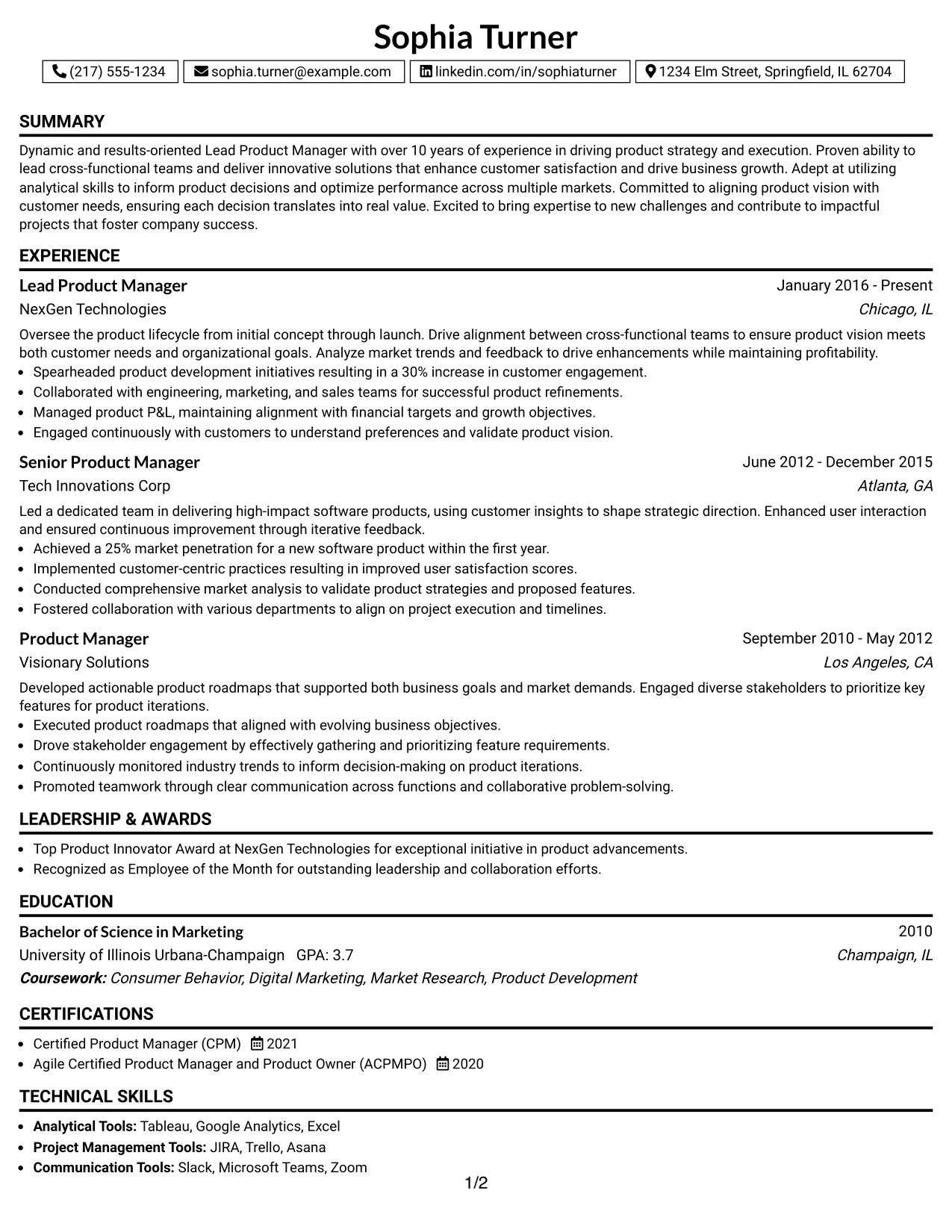 Resume Example Page 1