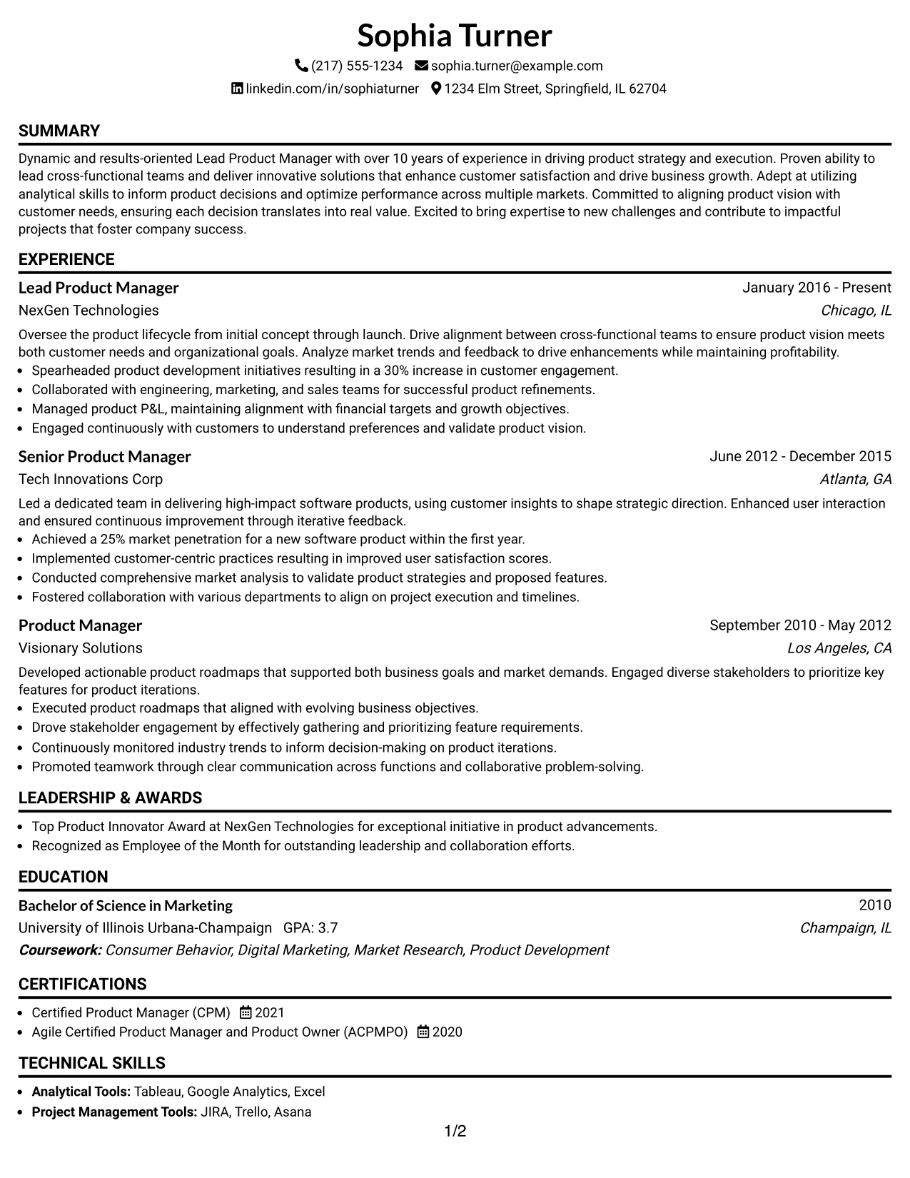 Resume Example Page 1