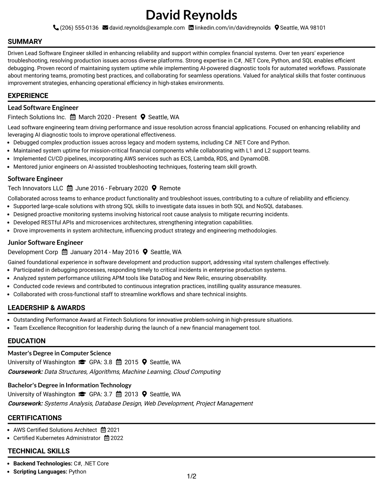 Resume Example Page 1