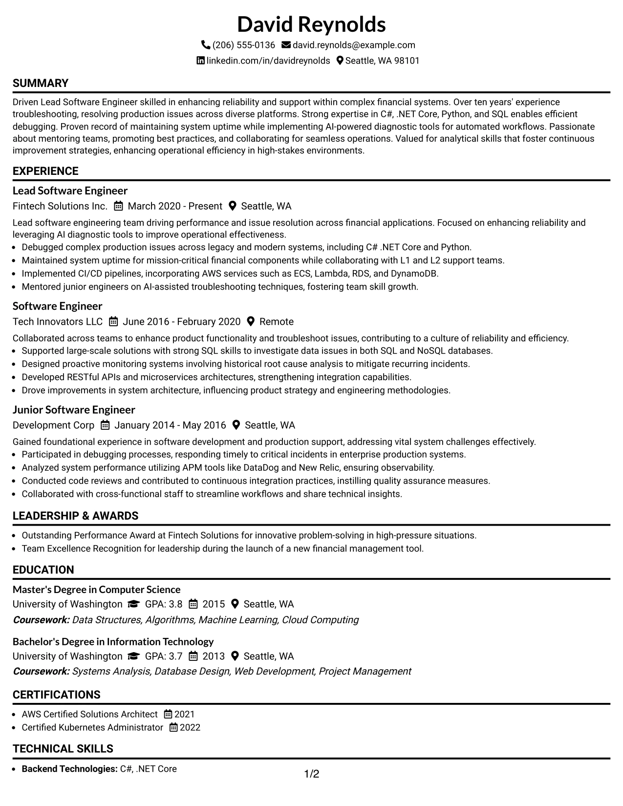 Resume Example Page 1