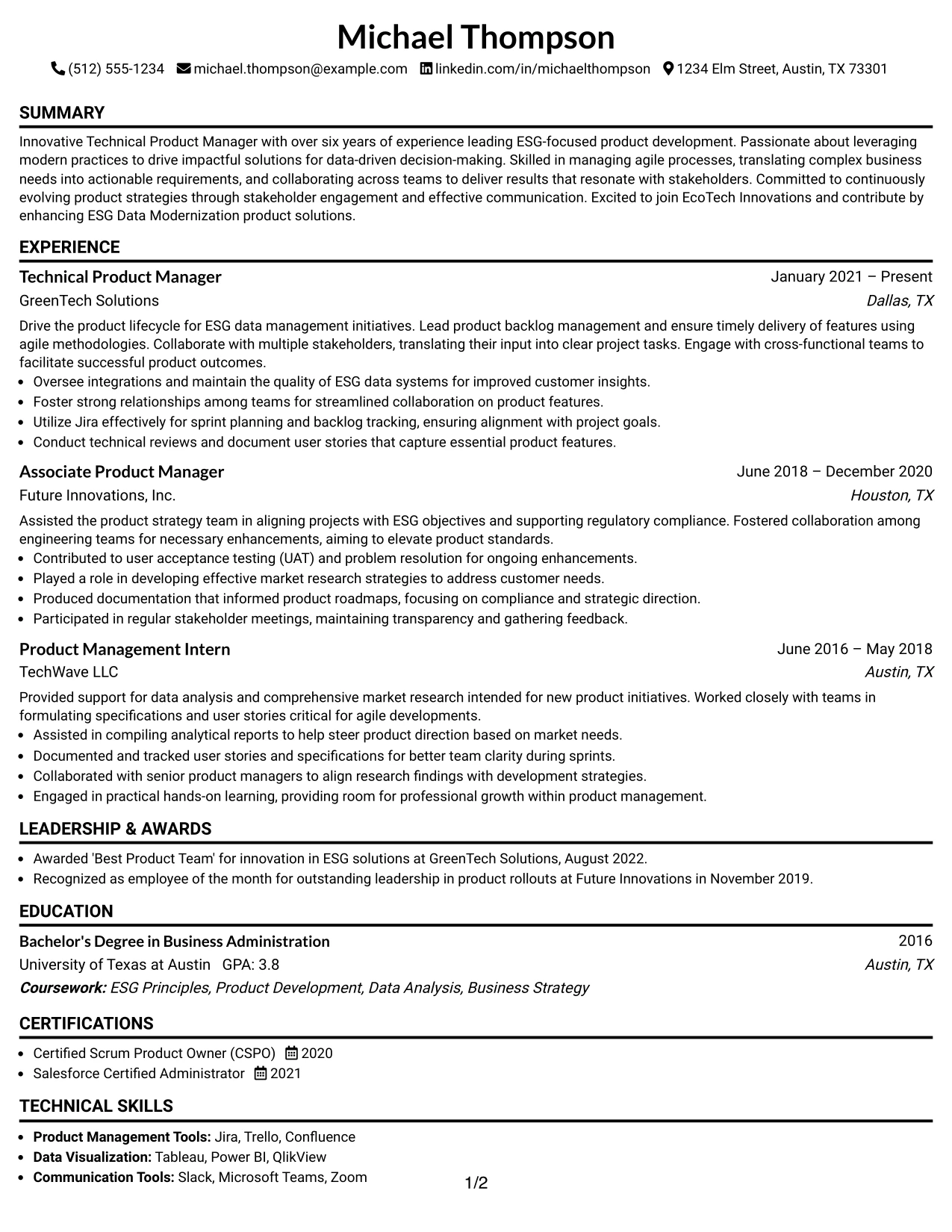 Resume Example Page 1