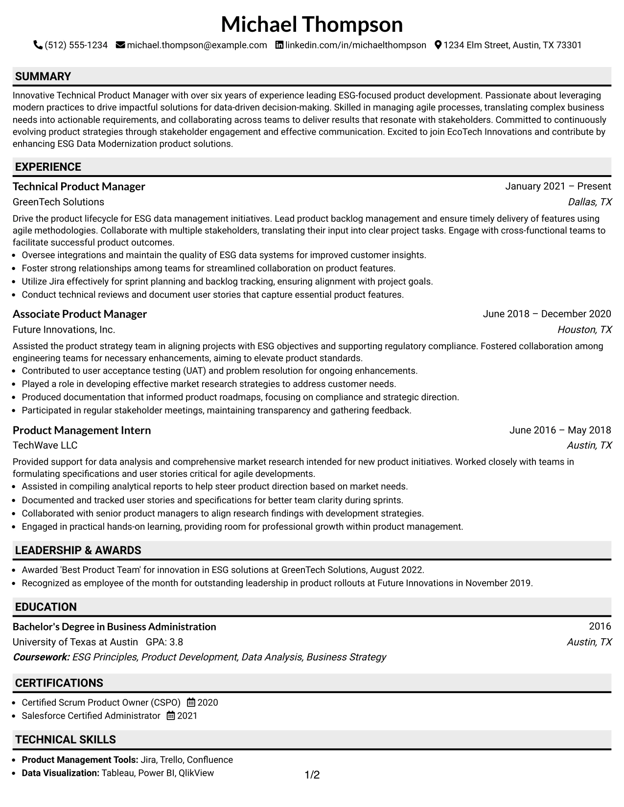 Resume Example Page 1