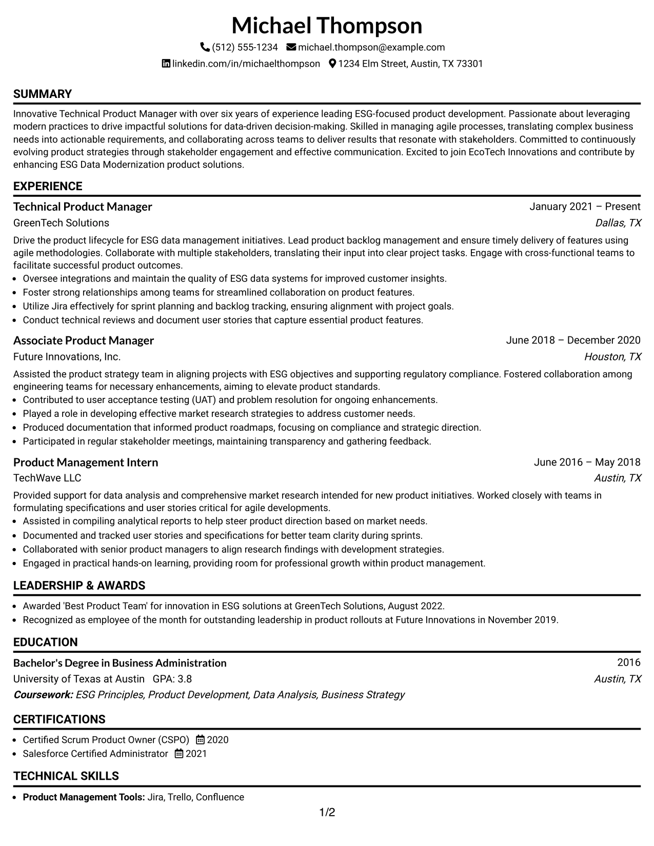 Resume Example Page 1