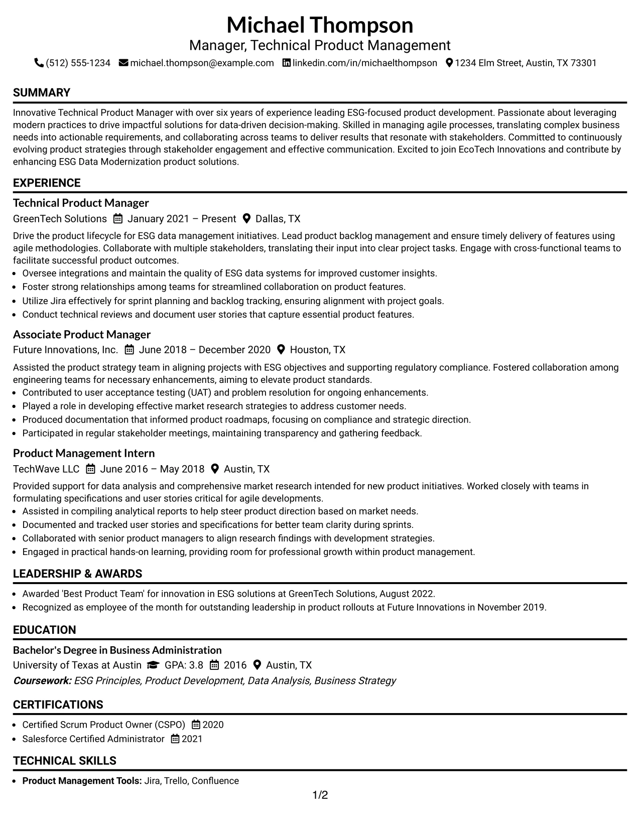 Resume Example Page 1
