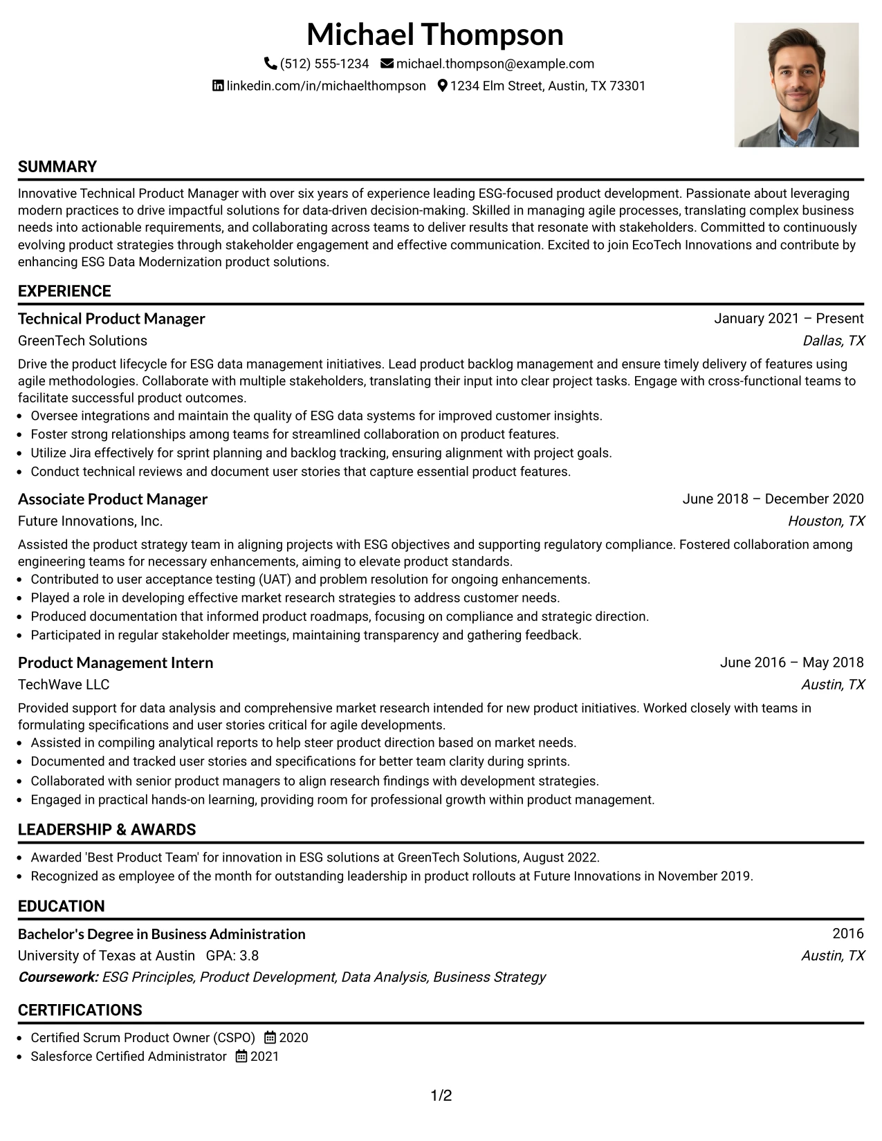 Resume Example Page 1