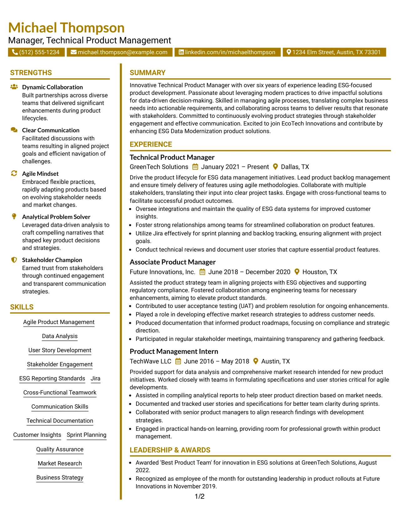 Resume Example Page 1