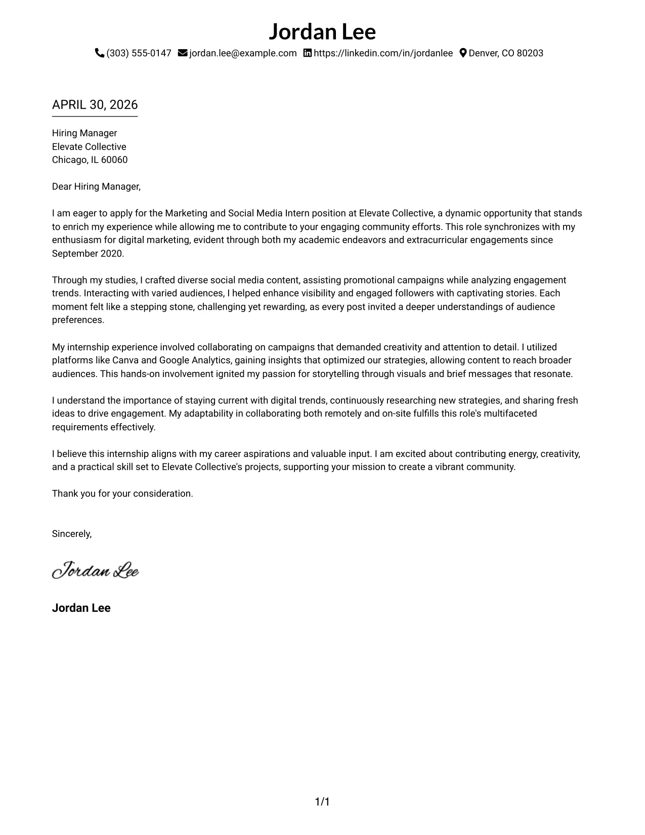 Marketing and Social Media Intern Cover Letter Example Minimal Header Format