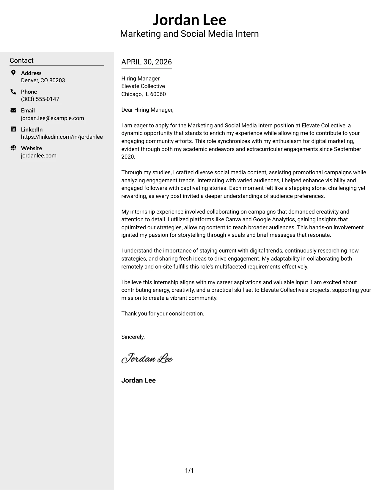Marketing and Social Media Intern Cover Letter Example Clean Two Column Sidebar Format