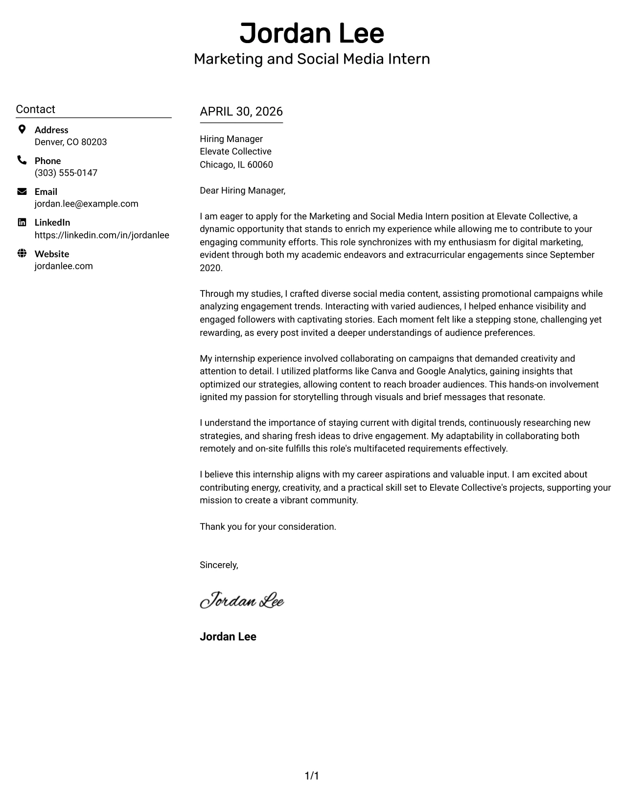 Marketing and Social Media Intern Cover Letter Example Plain Two Column Format