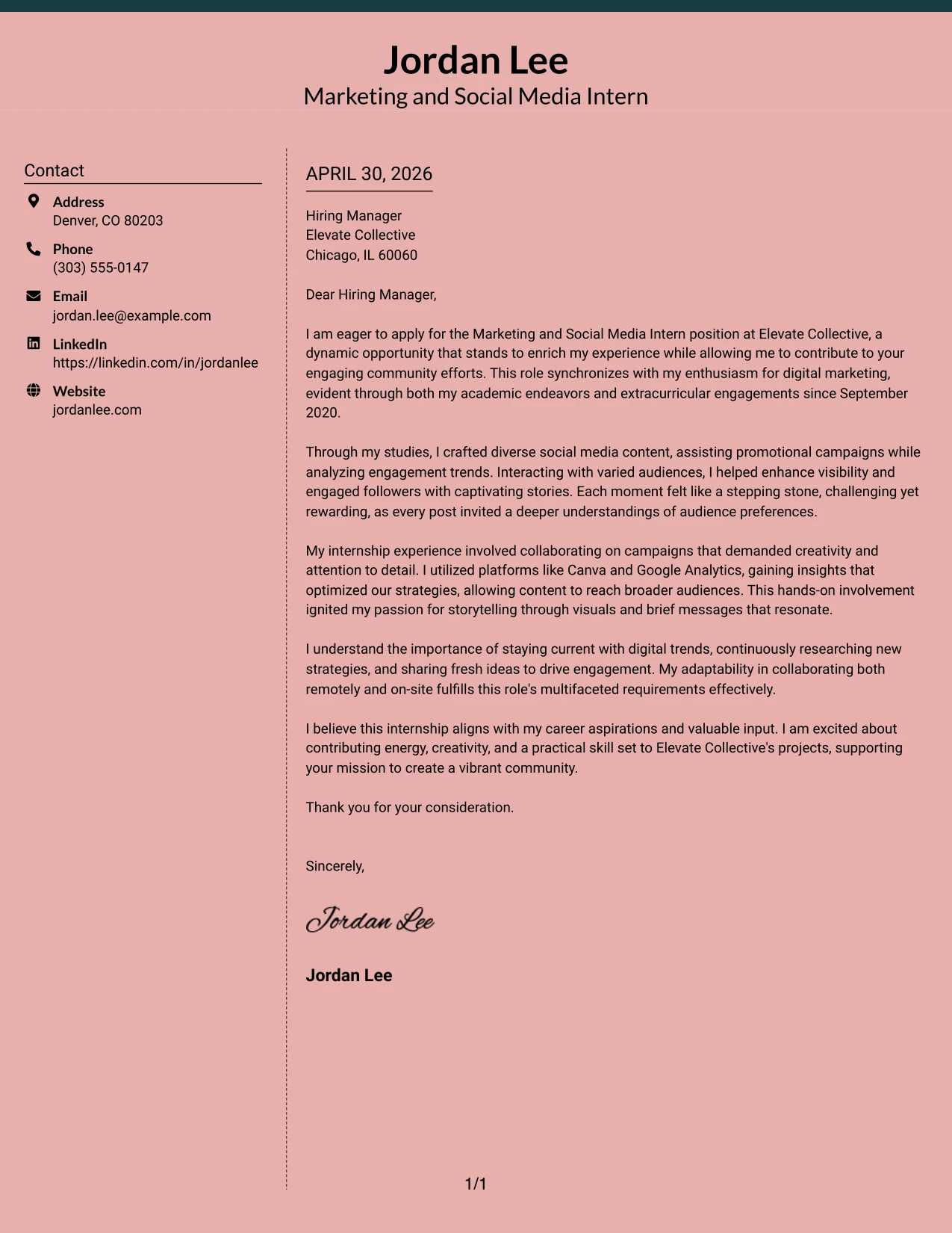Marketing and Social Media Intern Cover Letter Example Elegant Full Background Two Column Format