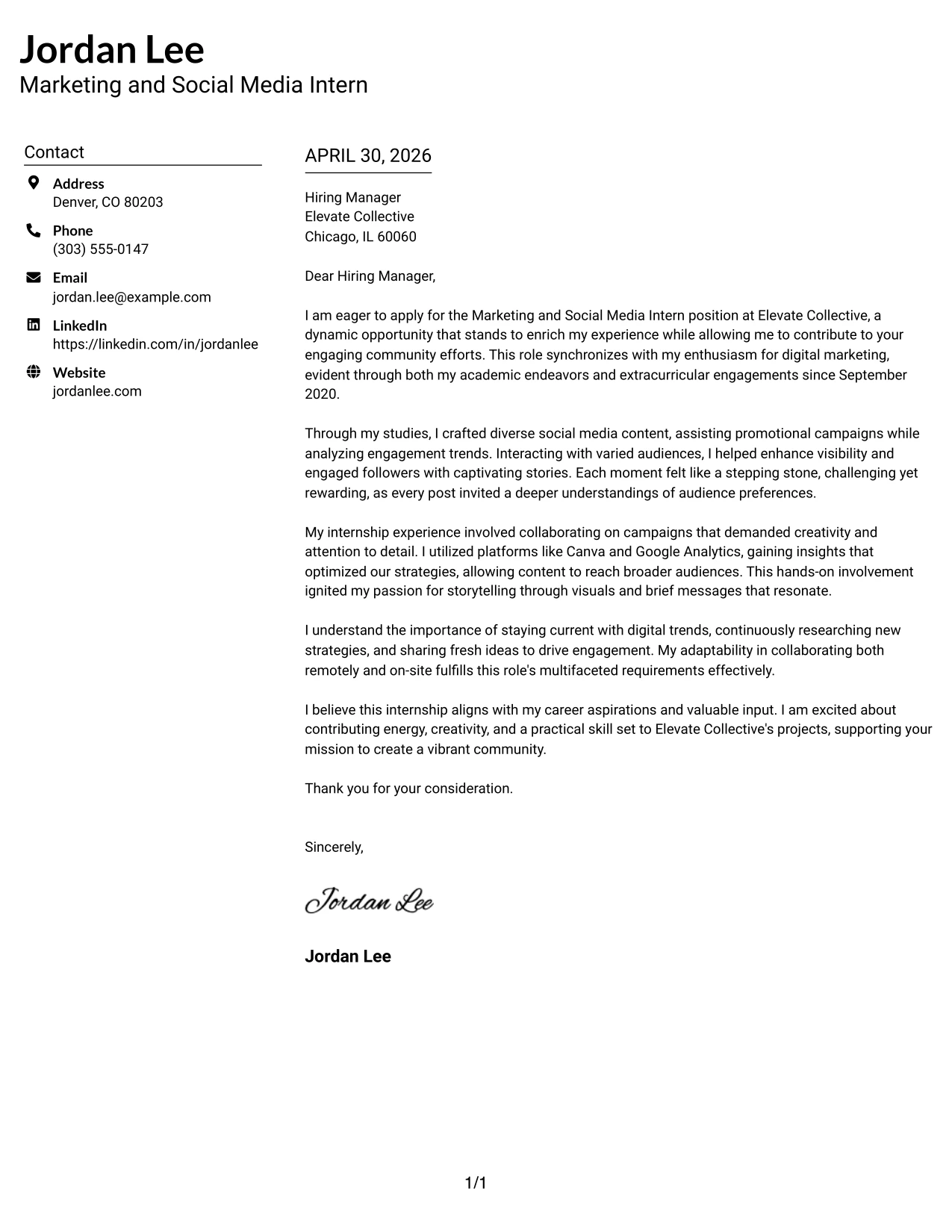 Marketing and Social Media Intern Cover Letter Example Left Aligned Header Clean Two Column Format