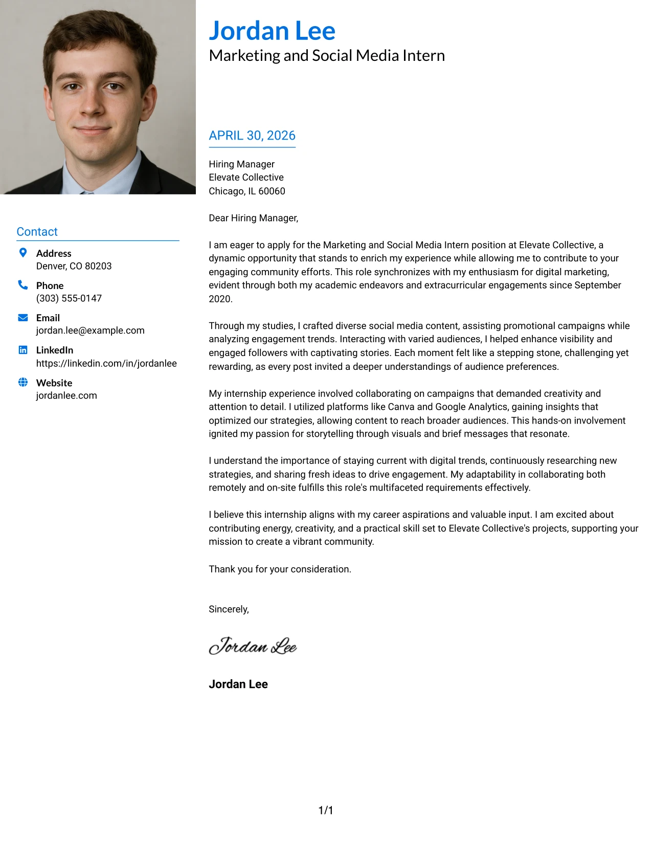 Marketing and Social Media Intern Cover Letter Example Large Profile Photo International Two Column Format