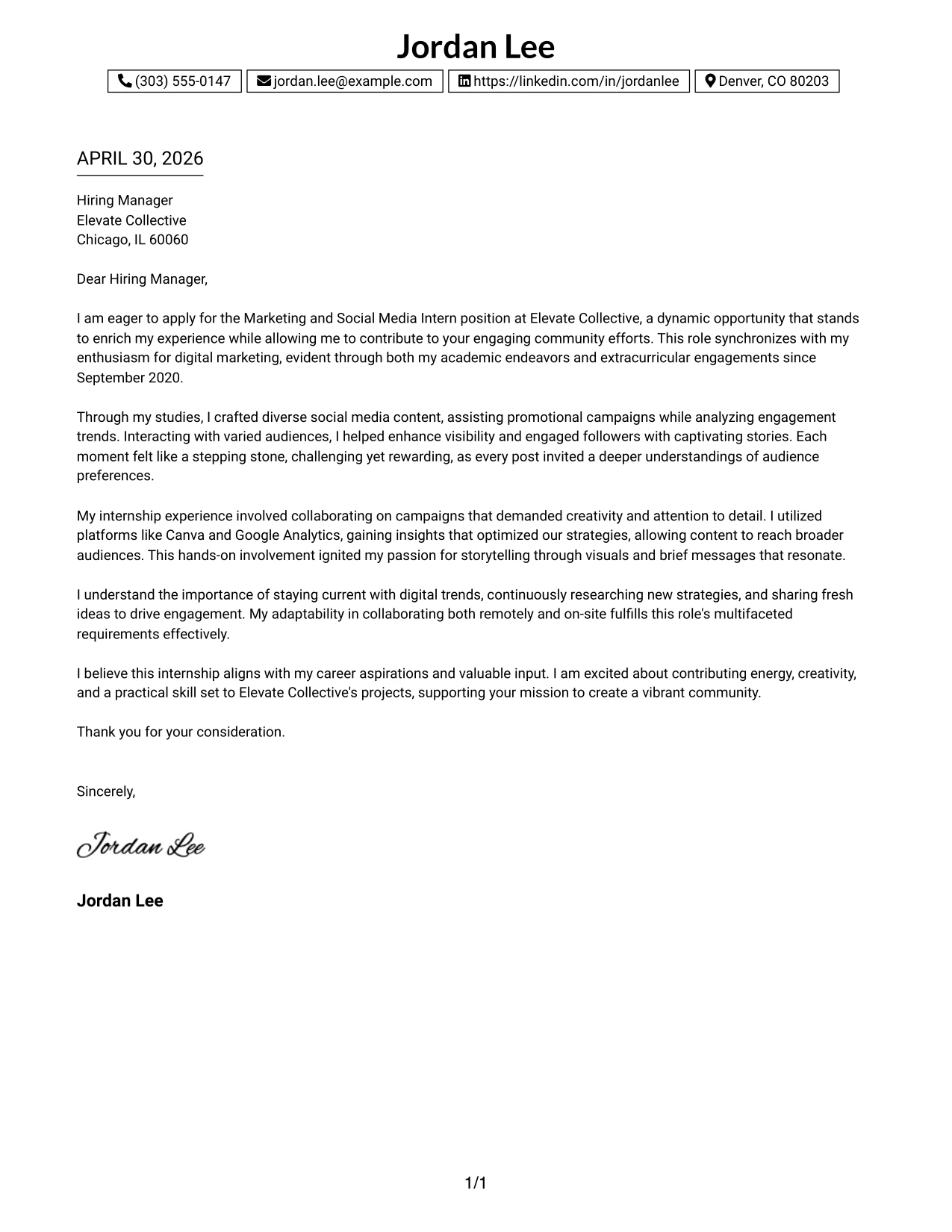 Marketing and Social Media Intern Cover Letter Example One Column Boxed Contact Header Format