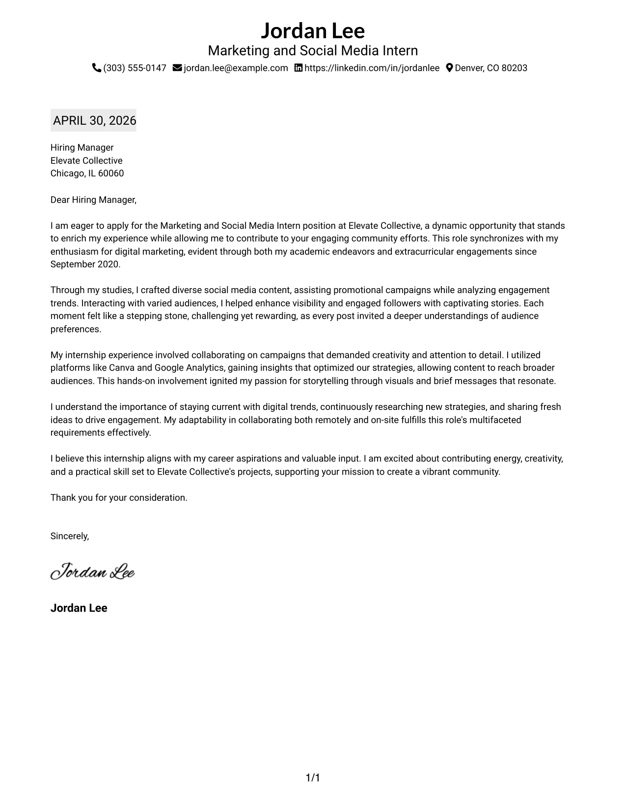 Marketing and Social Media Intern Cover Letter Example Plain Professional Layout with Job Title and Shaded Date