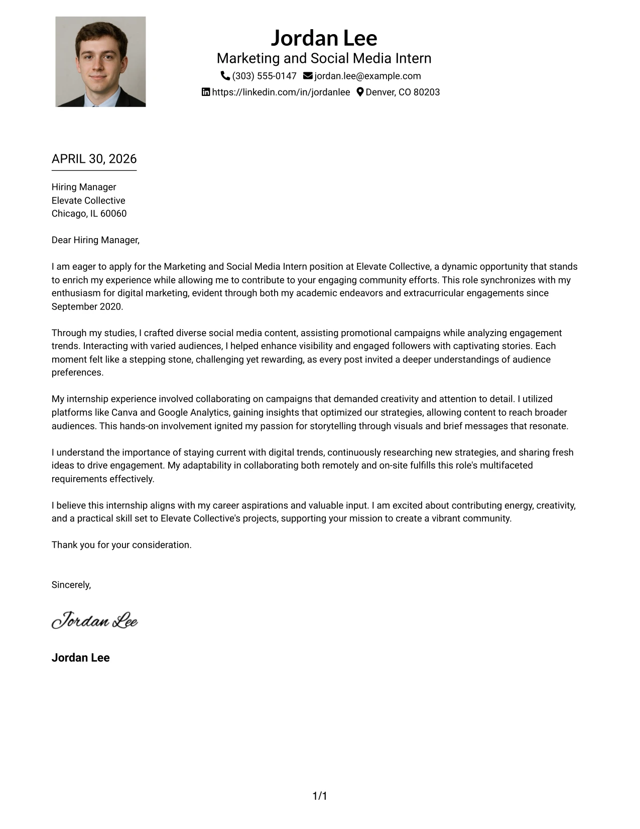 Marketing and Social Media Intern Cover Letter Example One Column Format with Photo