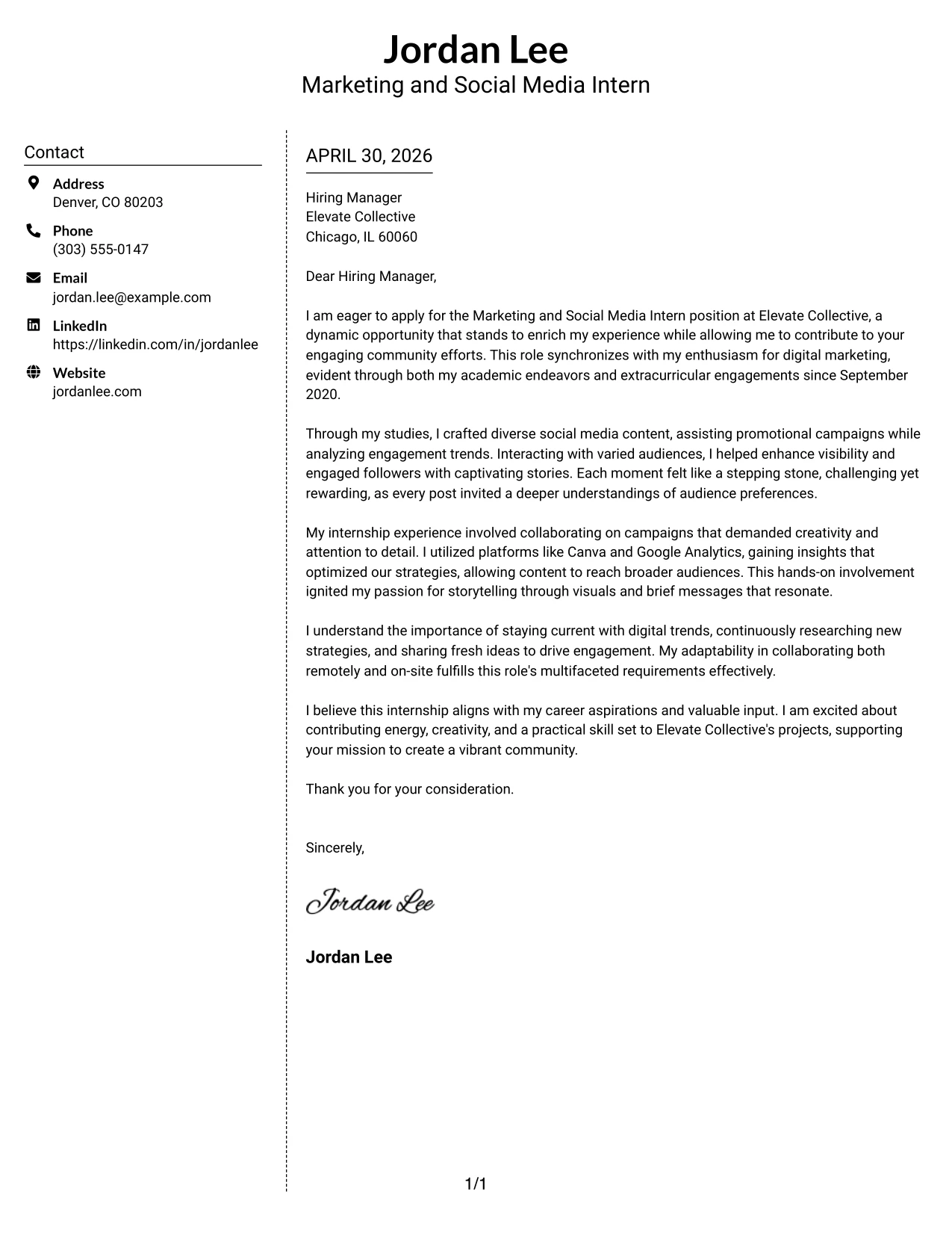 Marketing and Social Media Intern Cover Letter Example Simple Two Column Format