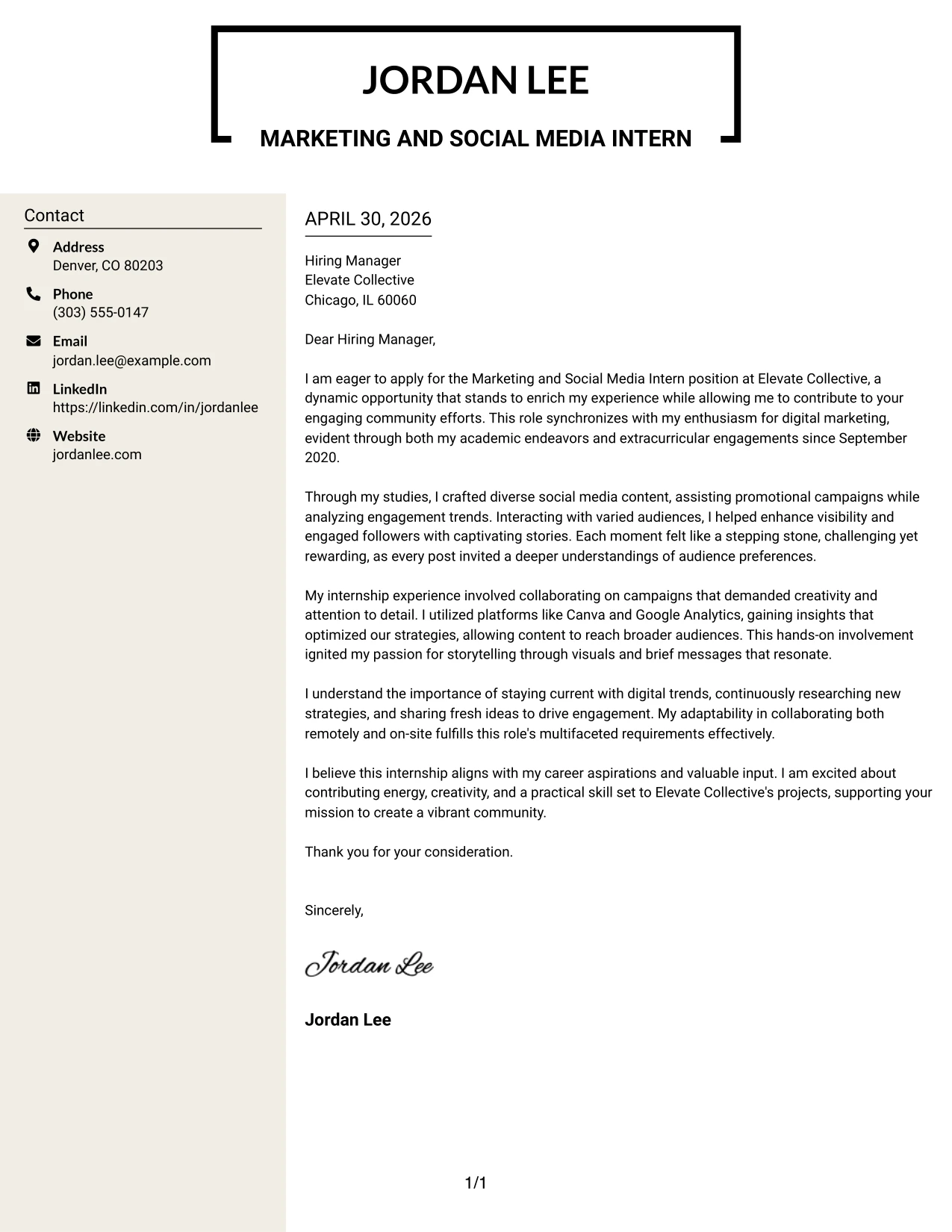 Marketing and Social Media Intern Cover Letter Example Stylish Two Column Designer Format