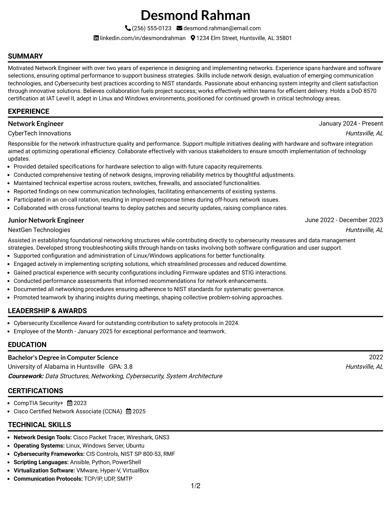 Resume Example Page 1