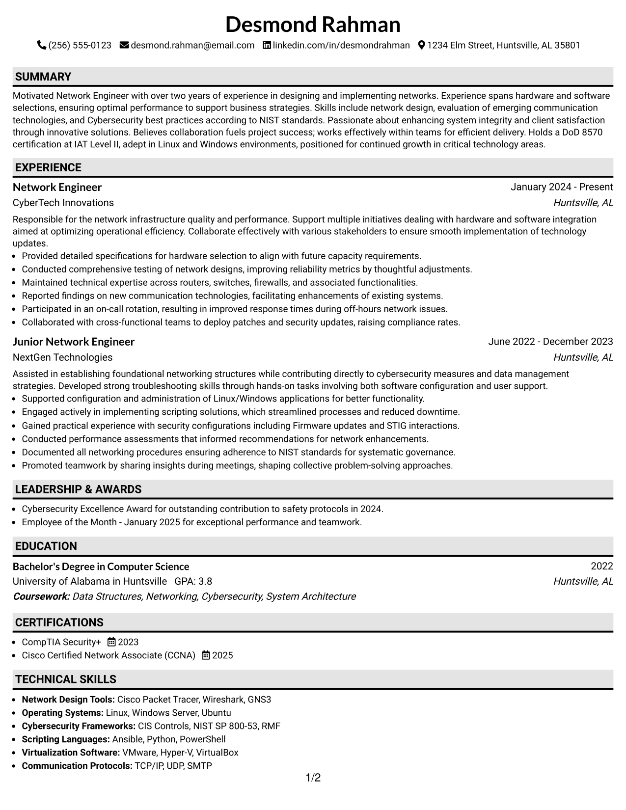 Resume Example Page 1