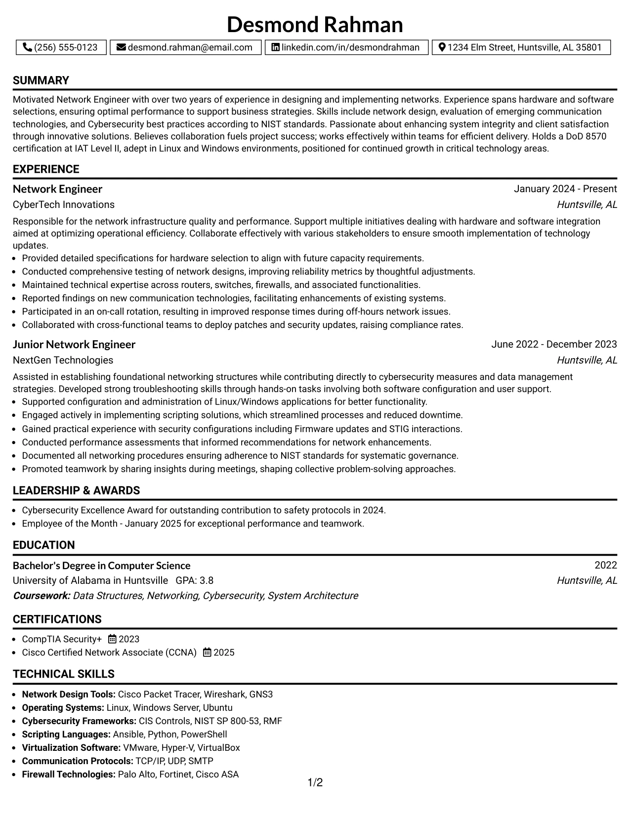 Resume Example Page 1