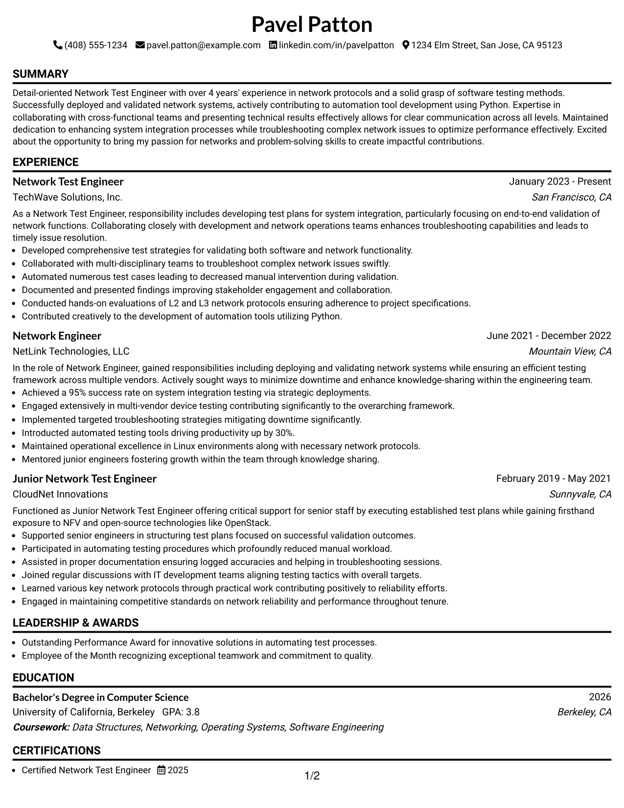Resume Example Page 1