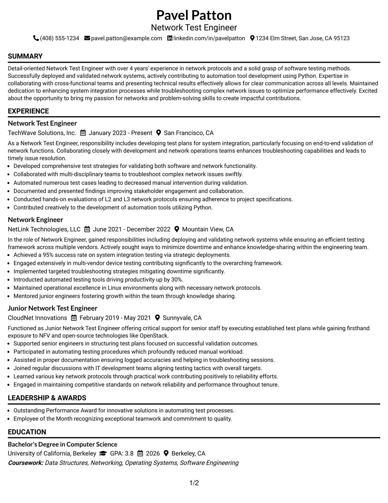 Resume Example Page 1