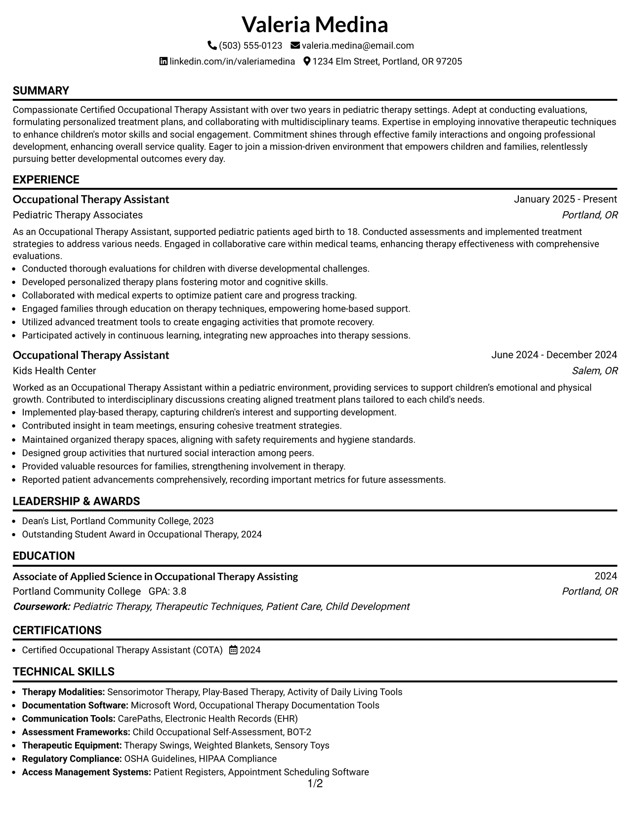Resume Example Page 1