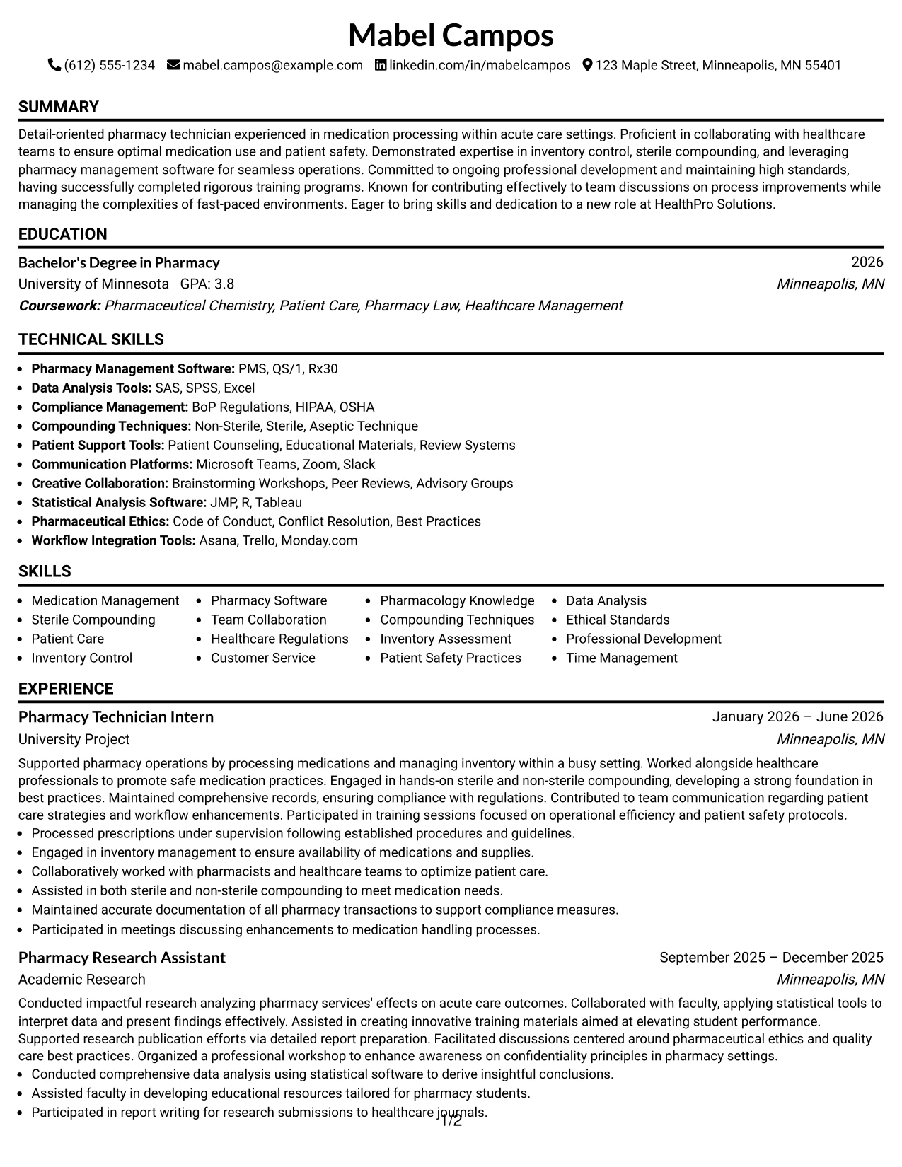 Resume Example Page 1