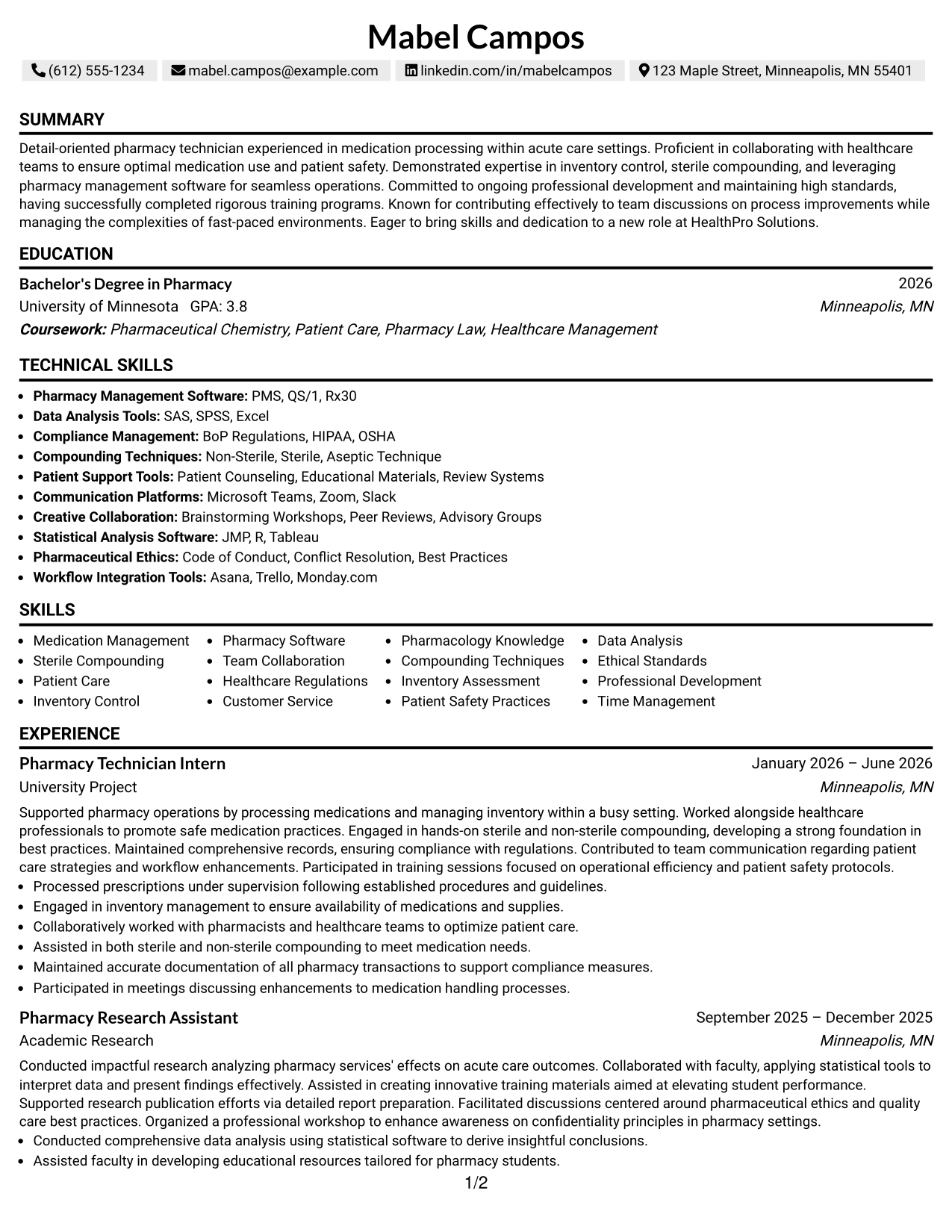 Resume Example Page 1